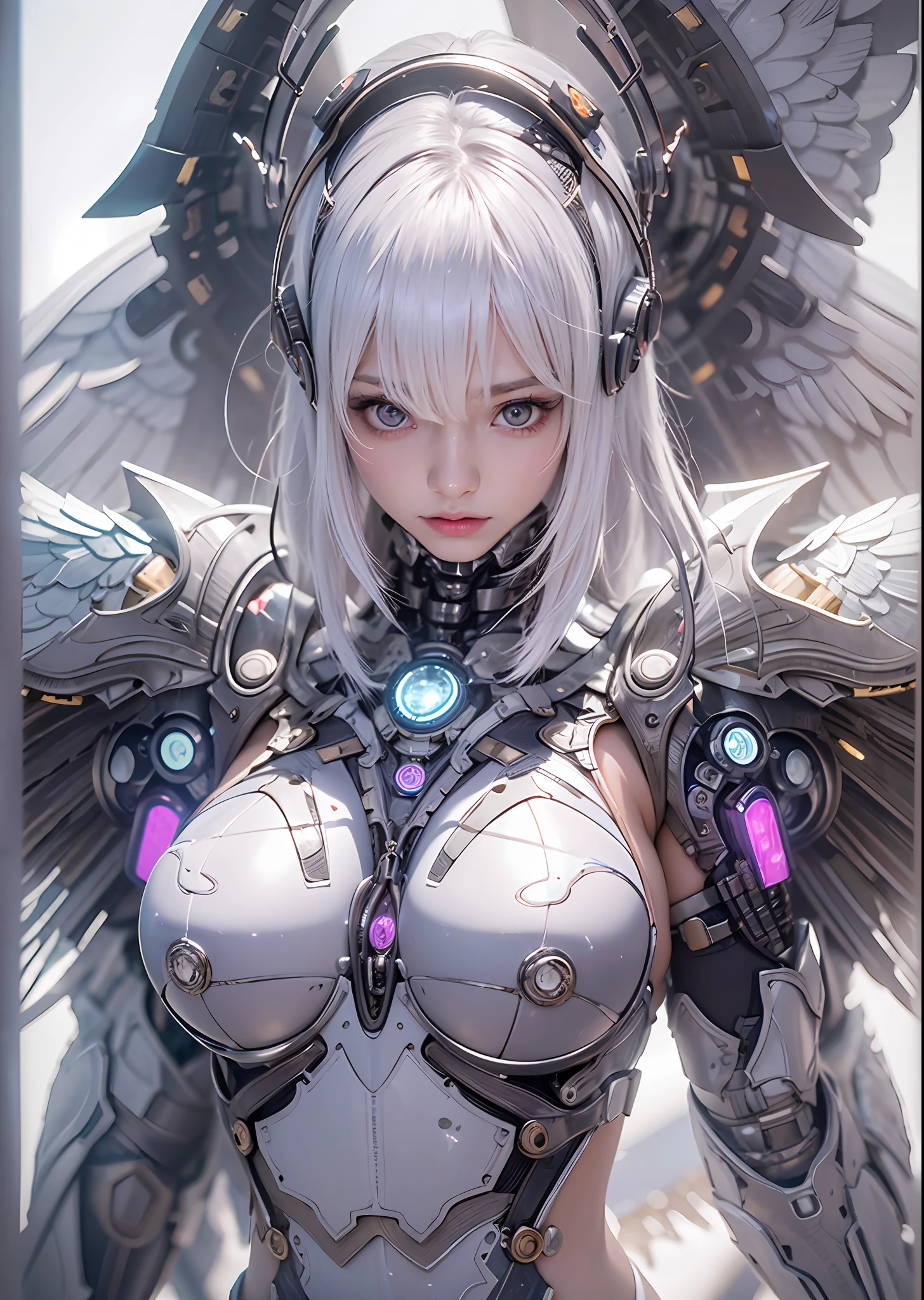 top-quality、masterpiece、超A high resolution、(Photorealsitic:1.4)、Raw photo、Battle Cyborg Angel、large wings made of metal、White porcelain body、Acrylic Clear Cover、white hair、glowy skin、1 Cyborg Girl、((super realistic details))、portlate、globalillumination、Shadow、octan render、8K、ultrasharp、character edge light,Colossal tits、Raw skin is exposed in cleavage、Details of complex ornaments、Japan details、Hydraulic cylinder、Small LED lamp、highly intricate detail、Realistic light、a purple eye、radiant eyes、Facing the camera、neon details、cowboy shot、Futuristic headgear、About Cyberpunk、、