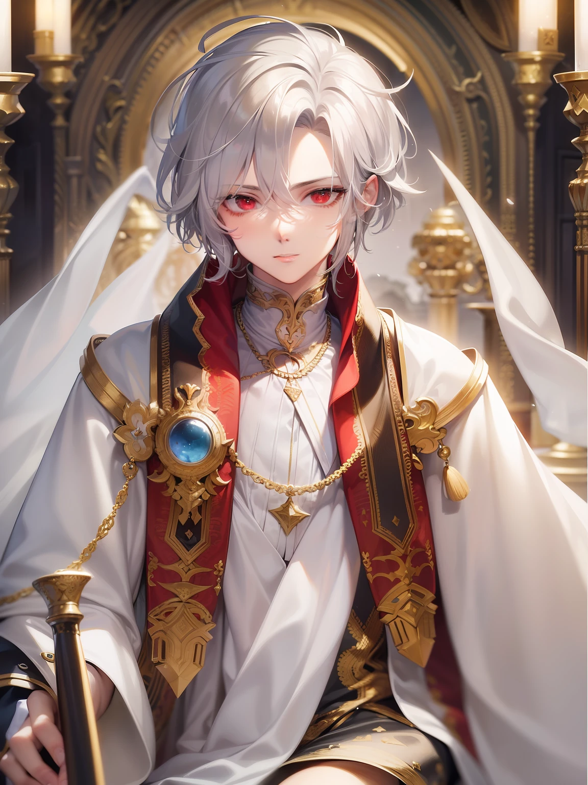A high resolution,(Masterpiece level:1.4),Super detailed,Silver-haired teenager,red - eyed,Elegant aristocratic countenance,wearing white robes with,The robe has a gold pattern,Handsome guy with a sword,Image quality up to 8K,Optimal color rendering,Best shadow effect,The best quality graphics,handsome