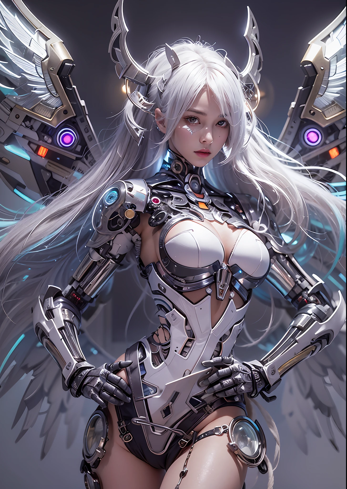 top-quality、​masterpiece、超A high resolution、(Photorealsitic:1.4)、Raw photo、Battle Cyborg Angel、large wings made of metal、White porcelain body、Acrylic Clear Cover、white  hair、glowy skin、1 Cyborg Girl、((super realistic details))、portlate、globalillumination、Shadow、octan render、8K、ultrasharp、character edge light,Colossal tits、Raw skin is exposed in cleavage、Details of complex ornaments、Japan details、Hydraulic cylinder、Small LED lamp、highly intricate detail、Realistic light、a purple eye、radiant eyes、Facing the camera、neon details、cowboy  shot、Futuristic headgear、About Cyberpunk、、
