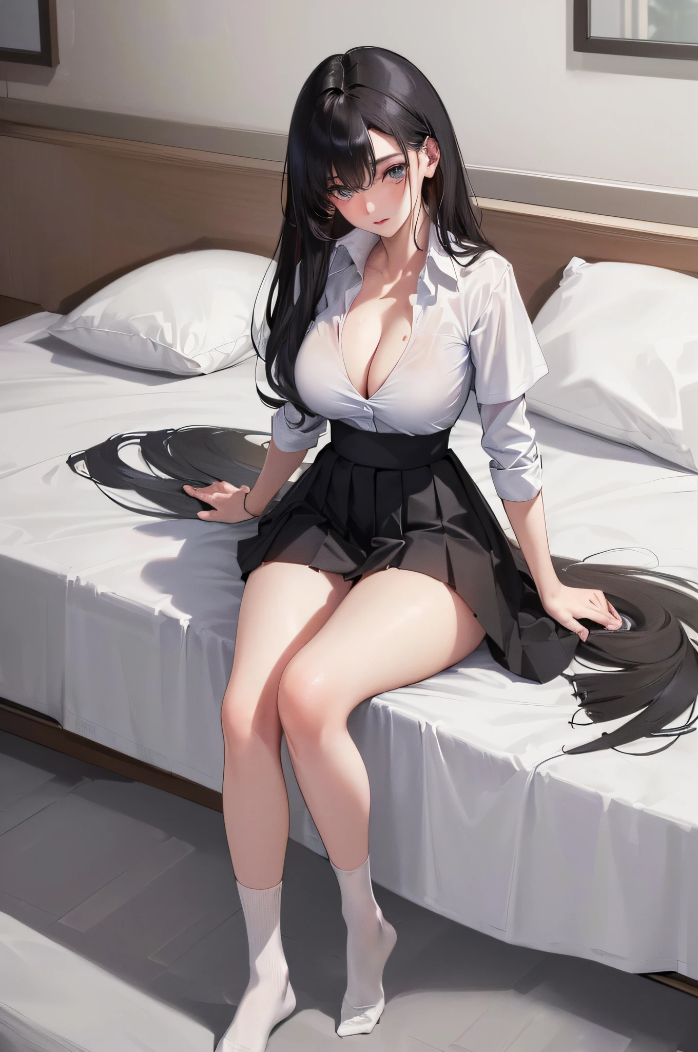 Official fine art，tmasterpiece，Sharp focus，(best qualtiy, 8K, tmasterpiece:1.3，Delicate and beautiful hair and eyes and face，realisticlying，ultra - detailed，a beauty girl, Focus:1.2, Perfect figure sitting on bed:1.4,White shirt，a black pleated skirt，Raise your legs high，White knee-length socks，legs are open，Foot elevation，Realistic details，Black color hair，female high-school student，Lori huge breasts cleavage，pantyless，Lower body visible