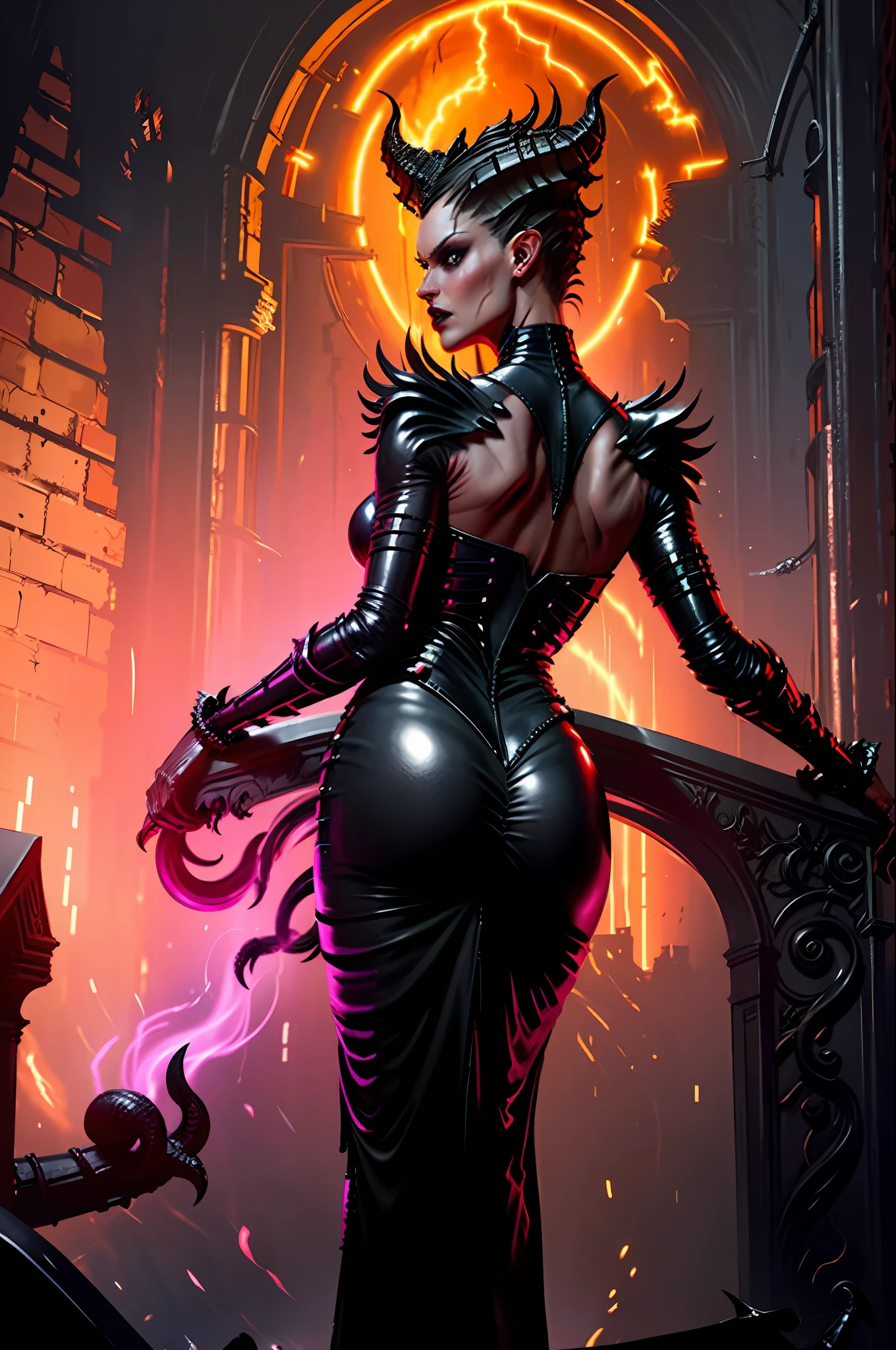 Lilith inside a church, (in Lipstick), (wearing Tight Slim Long Black Deep Shiny Metallic Latex Gown), (Sitting on Man Lap), ( Tweaking Booty Lap Dance), fire, lightning, blood, whole body, in the style of D14bl0 red dramatic lights