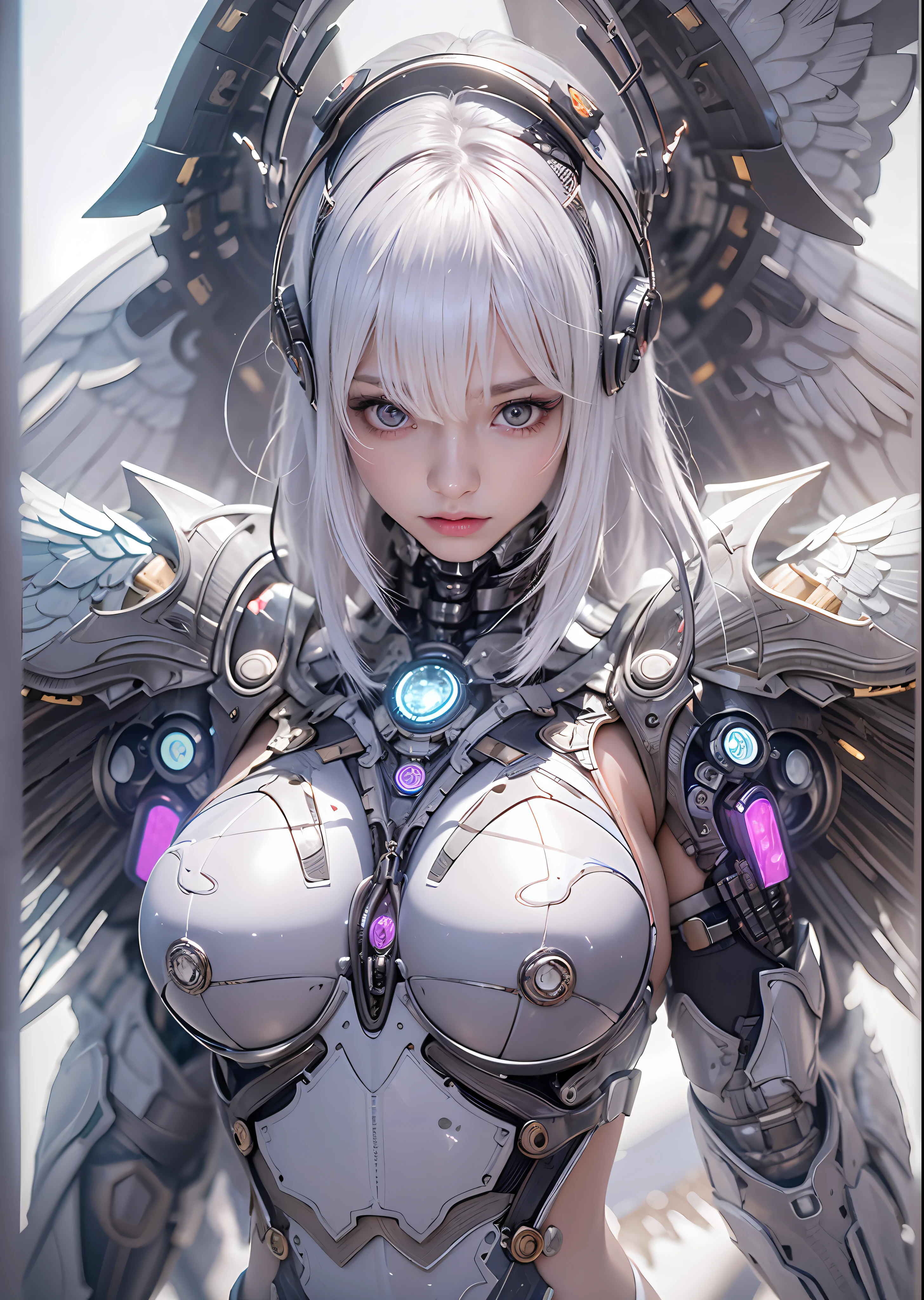 top-quality、​masterpiece、超A high resolution、(Photorealsitic:1.4)、Raw photo、Battle Cyborg Angel、large wings made of metal、White porcelain body、Acrylic Clear Cover、white  hair、glowy skin、1 Cyborg Girl、((super realistic details))、portlate、globalillumination、Shadow、octan render、8K、ultrasharp、character edge light,Colossal tits、Raw skin is exposed in cleavage、Details of complex ornaments、Japan details、Hydraulic cylinder、Small LED lamp、highly intricate detail、Realistic light、a purple eye、radiant eyes、Facing the camera、neon details、cowboy  shot、Futuristic headgear、About Cyberpunk、、