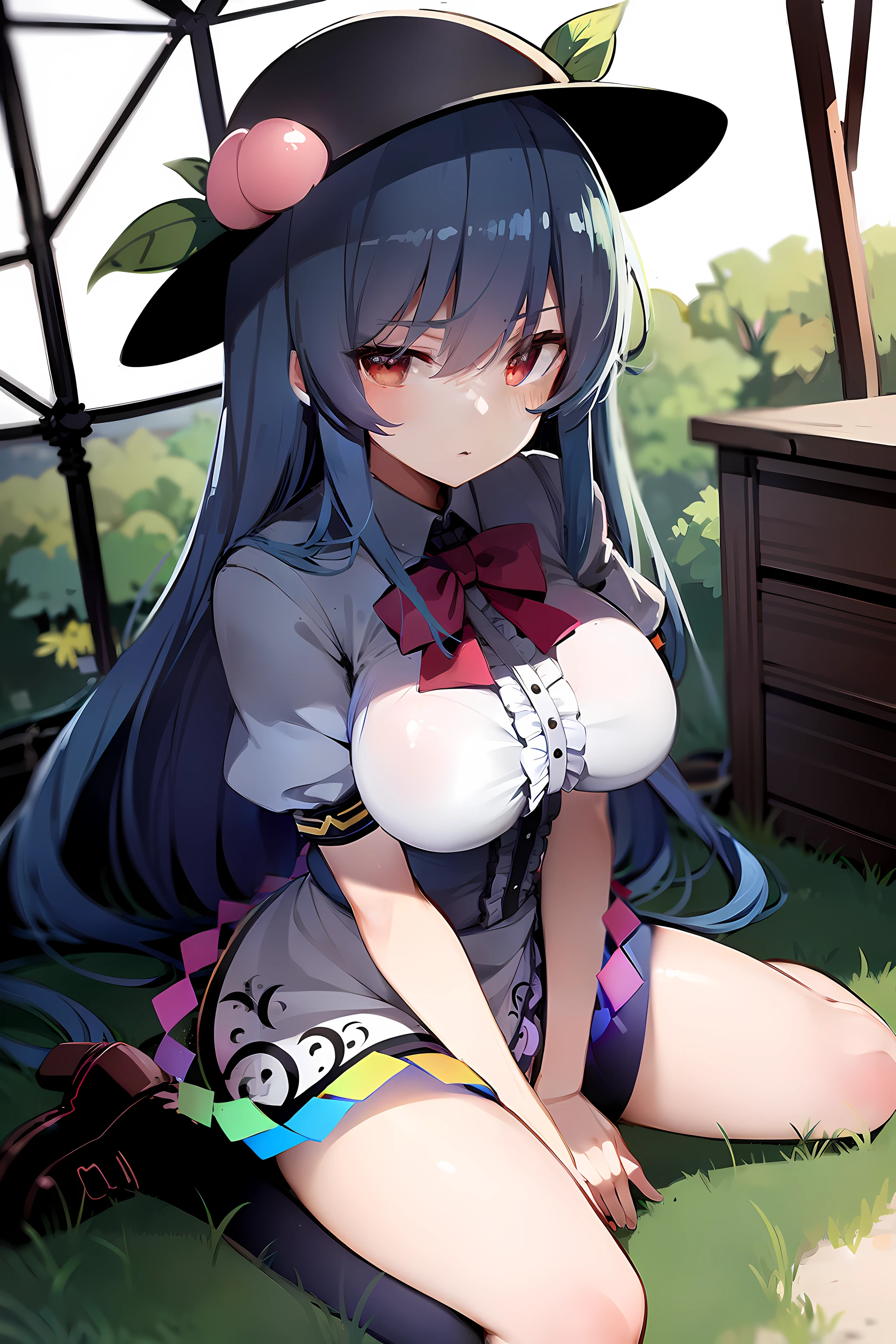 (masterpiece),best quality, expressive eyes, perfect face,w sitting, w sitting on ground, legs on ground, 1girl,
big breast, H-cup, good breast, crossing arms, beautiful, gorgeous,anime,girl,lora,hinanawi tenshi, blue hair, blue haired,tent boobs, tent chest, tent breast