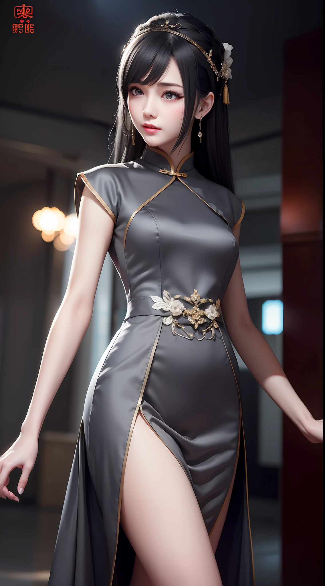 1little girl，Long dark gray hair that reaches the waist，Sad face details，Gray cheongsam，Long legs with delicate skin，softlighting，Diagonally towards the audience，