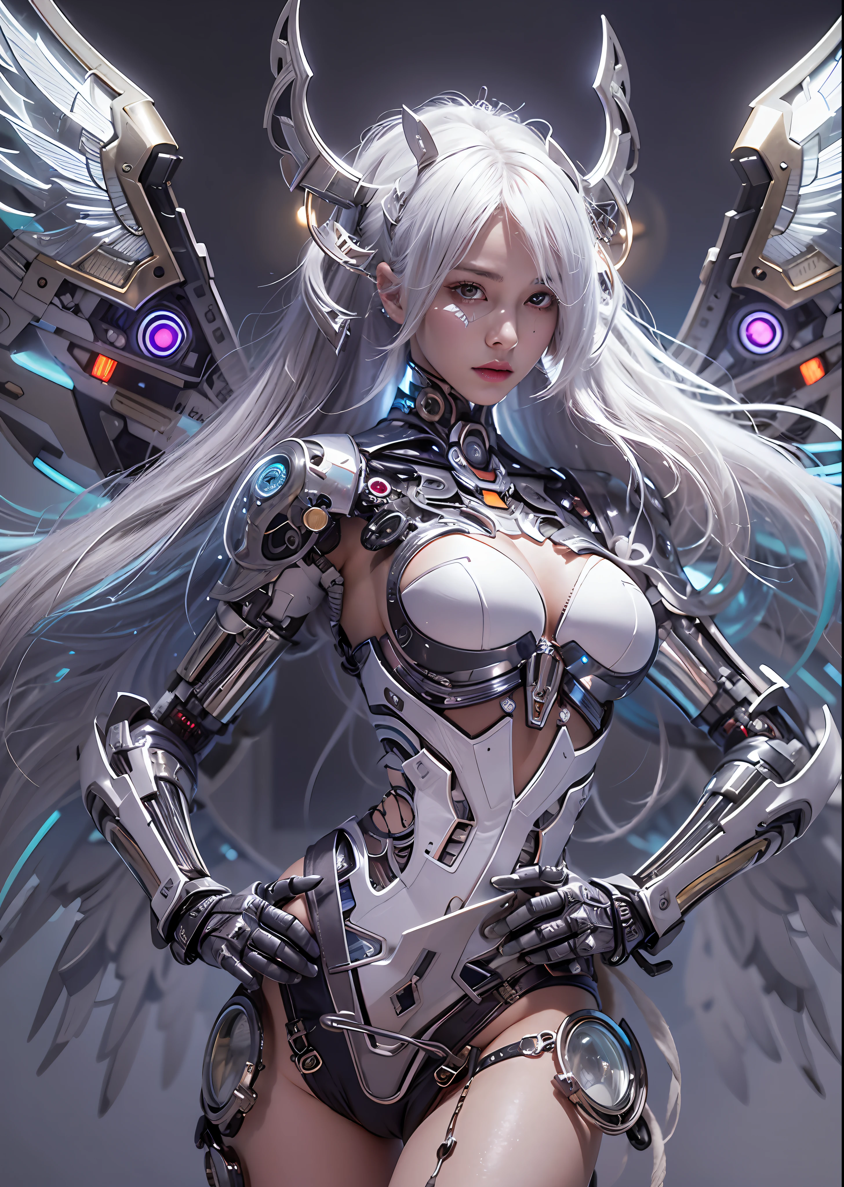 top-quality、masterpiece、超A high resolution、(Photorealsitic:1.4)、Raw photo、Battle Cyborg Angel、large wings made of metal、White porcelain body、Acrylic Clear Cover、white hair、glowy skin、1 Cyborg Girl、((super realistic details))、portlate、globalillumination、Shadow、octan render、8K、ultrasharp、character edge light,Colossal tits、Raw skin is exposed in cleavage、Details of complex ornaments、Japan details、Hydraulic cylinder、Small LED lamp、highly intricate detail、Realistic light、a purple eye、radiant eyes、Facing the camera、neon details、cowboy shot、Futuristic headgear、About Cyberpunk、、