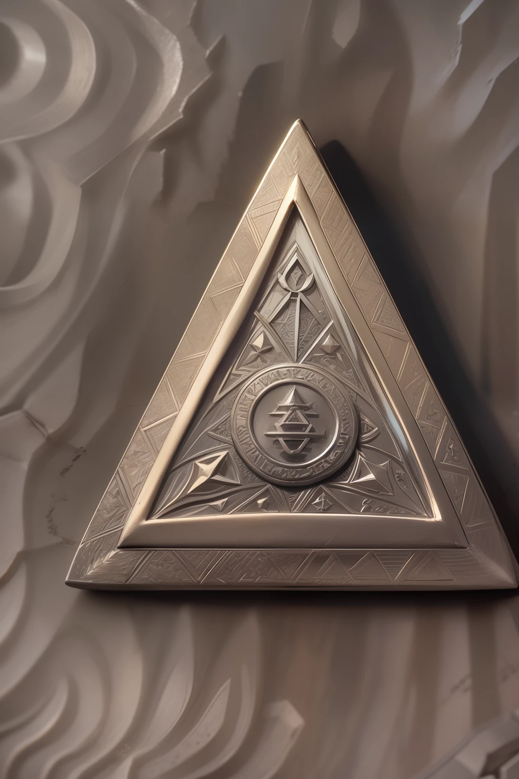 a medieval platinum coin in the triangular shape, old coin, showcase, triangle shape, made of shiny gold, elven runes, the face of an elf engraved on the coin