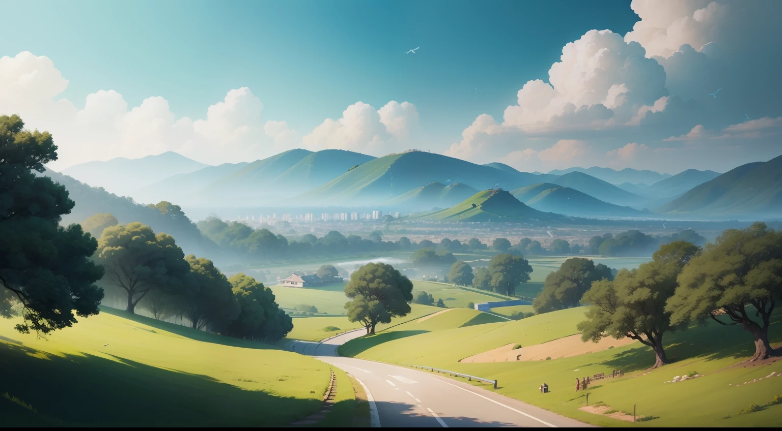 blue-sky，baiyun，There are trees on both sides，There is the sun，There are flying birds，There are green meadows，8k，Illustration style