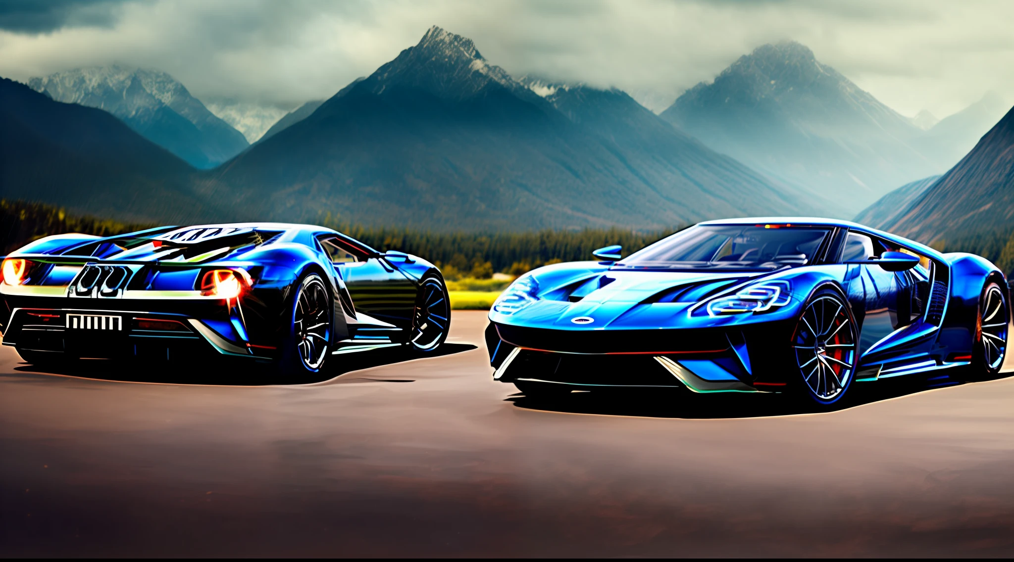 A car photography shoot of a black out matte black2024 Ford GT parked on an angle in the middle of the road, behind the car is a long winding road heading towards mountains in the distance, cinematic light, soft light, backlit, micro-details, photorealism, photorealistic