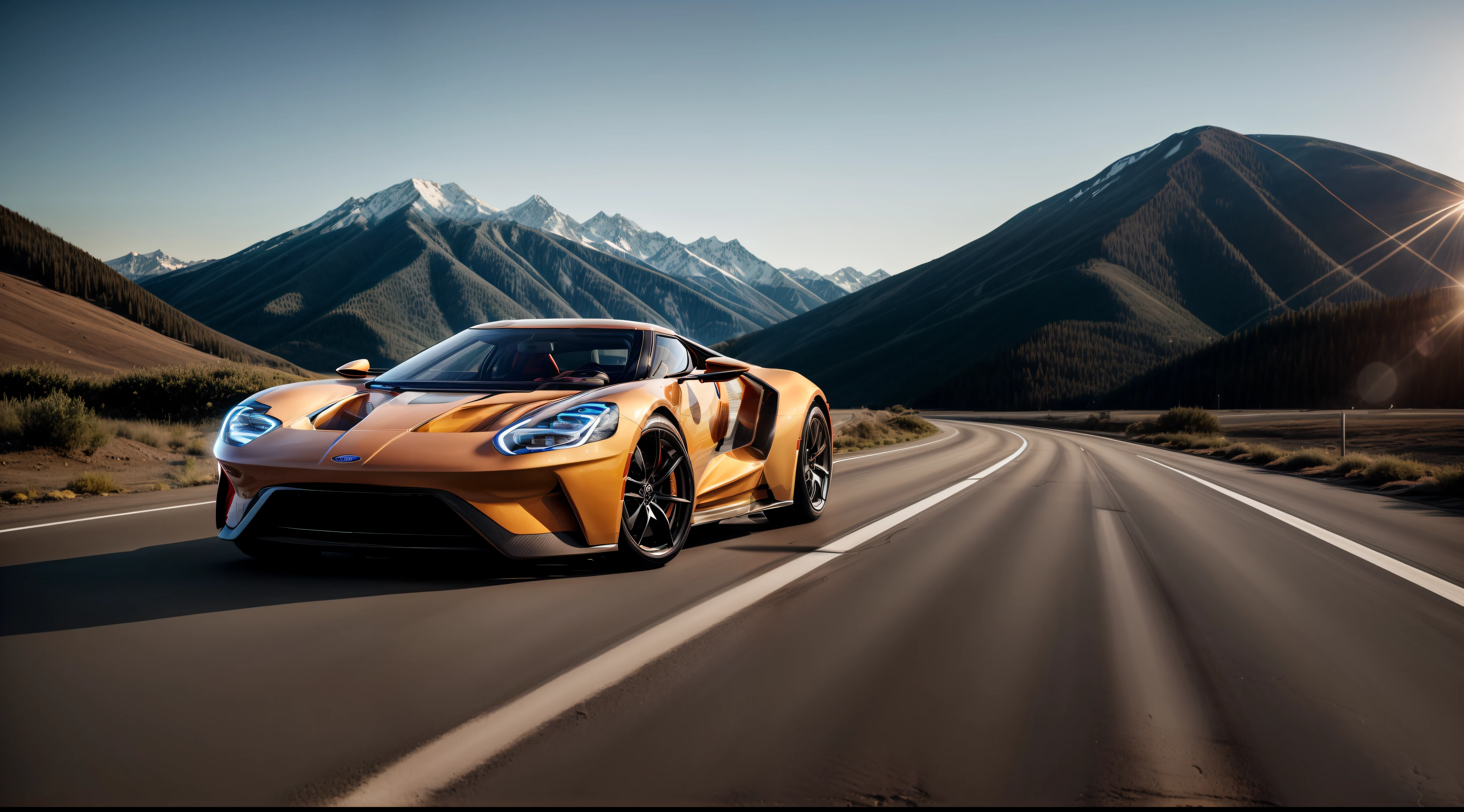 A car photography shoot of a 2024 Ford GT parked on an angle in the middle of the road, behind the car is a long winding road heading towards mountains in the distance, cinematic light, soft light, backlit, micro-details, photorealism, photorealistic