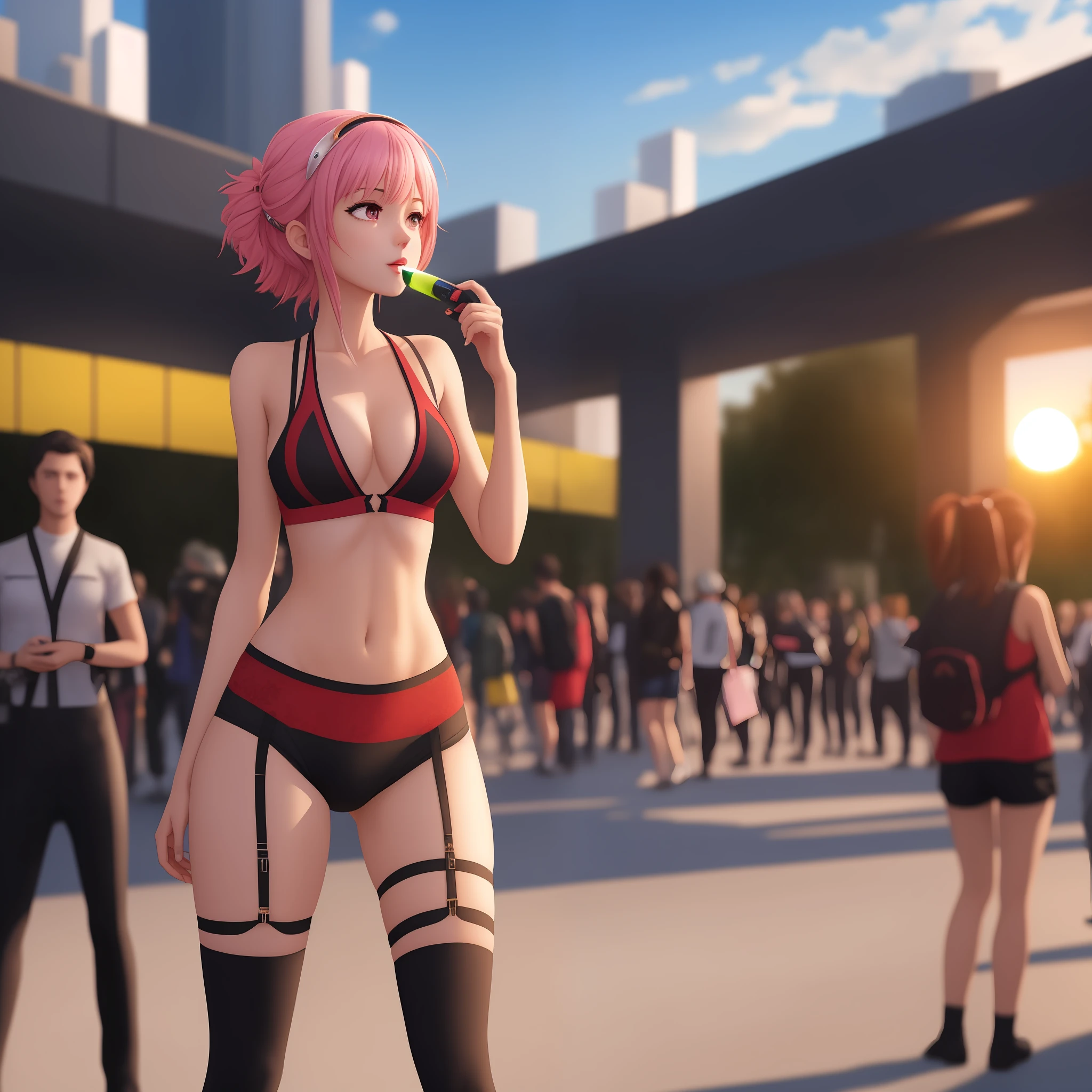 masterpiece,best quality,official art,extremely detailed CG unity 8k wallpaper, masterpiece, best quality, surrounded, multiple others, exhibitionism, audience, background characters, crowd, public humiliation, sunset, realistic, science_fiction,  girl, gradient hair, naughty_face, no bra, no_panties, no legwear, small_nipples, cameltoe,