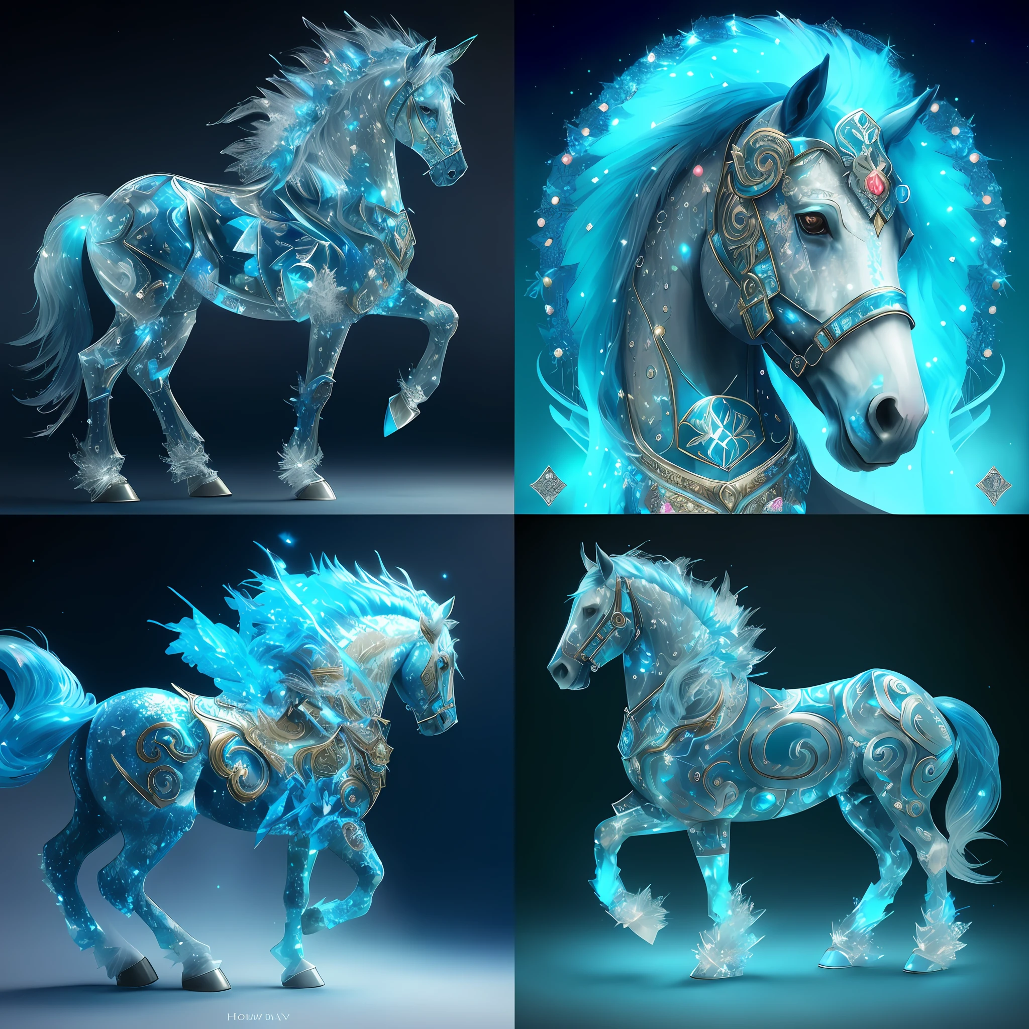 Four different images of a horse with blue mane and blue mane, magic fantasy highly detailed, Ice crystal armor, holographic creatures, 8K high quality detailed art, fantasy highly detailed, detailed fantasy digital art, Fantasy art Behance, majestic horses, highly detailed fantasy art, Detailed digital 3D art, Fantasy creatures, digital horse, gorgeous digital art