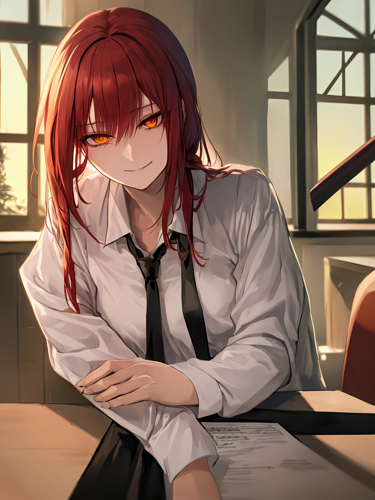 makima \(chainsaw man\), best quality, ultra detailed, 1girl, solo, red hair, long braided hair, golden eyes, bangs, medium breasts, white shirt, necktie, stare, smile, (evil:1.2), looking at viewer, (interview:1.3), desk, sunset, warm lighting, large window