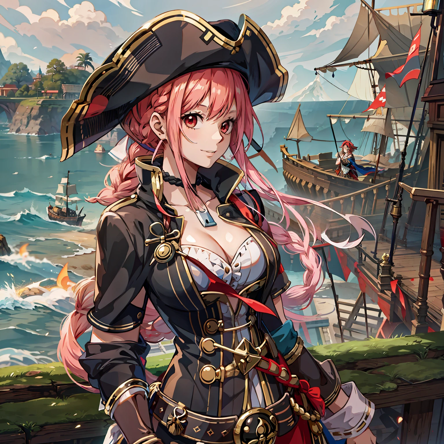 top-quality,​masterpiece,Masterpiece,8k,high-level image quality,High pixel count,detail portrayal,1人の女性,1girl,独奏,Peachy Hair,Long,braid hair,Red eyes,cowboy  shot,Standing figure,Slender body line,Black pirate uniform,Pirate's Cloak,Pirate Hat,a smile,full bodyesbian,Wooden embankment,