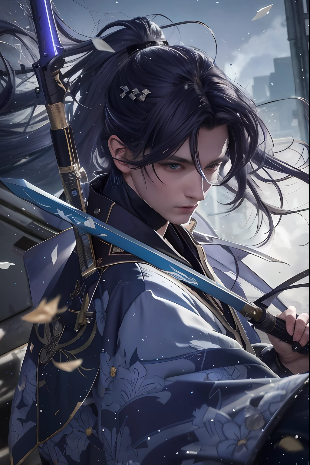 Blue-purple style, scabbard on back, messy hair, broken hair, long hair, chivalry, very beautiful cyberpunk digital artwork, male focus, handsome, heroic and sassy, beautiful man, wearing a blue and white kimono, holding a long sword on the shoulder, chivalry style, high-quality detail depiction, blurred background and soft light set off, middle side shooting, middle side perspective, pattern decorations and accessories, broken flowers and flying flowers, dense fog surrounding, light and shadow change extremely exquisite. Anime style 4k wallpaper.
