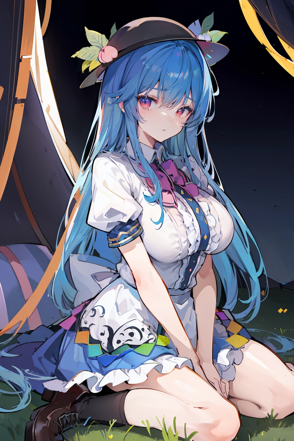 (masterpiece),best quality, expressive eyes, perfect face,w sitting, w sitting on ground, legs on ground, 1girl,
big breast, H-cup, good breast, crossing arms, beautiful, gorgeous,anime,girl,lora,hinanawi tenshi, blue hair, blue haired,tent boobs, tent chest, tent breast, floating clothes