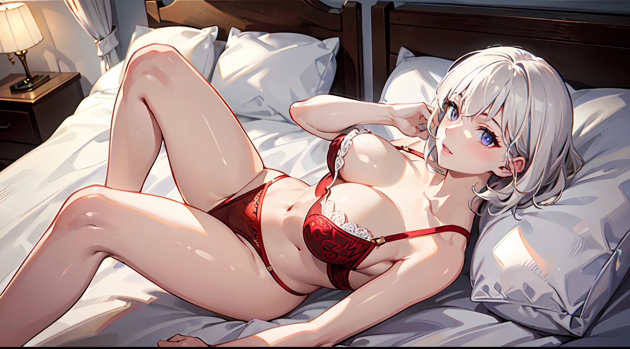 ((((masterpiece, best quality, high resolution)))), 1girl, white hair, purple eyes, bob cut, wavy hair, average breasts, blush, light smile, parted lips, glow, thighs, bare shoulders, collarbone, narrow waist, cleavage, (masterpiece), (beautiful detailed face, beautiful detailed eyes), bedroom, night time, lying on bed, arms up, hands above head, (from above view), long slender thighs, perfect eyes, photography, red racy lingerie, nsfw