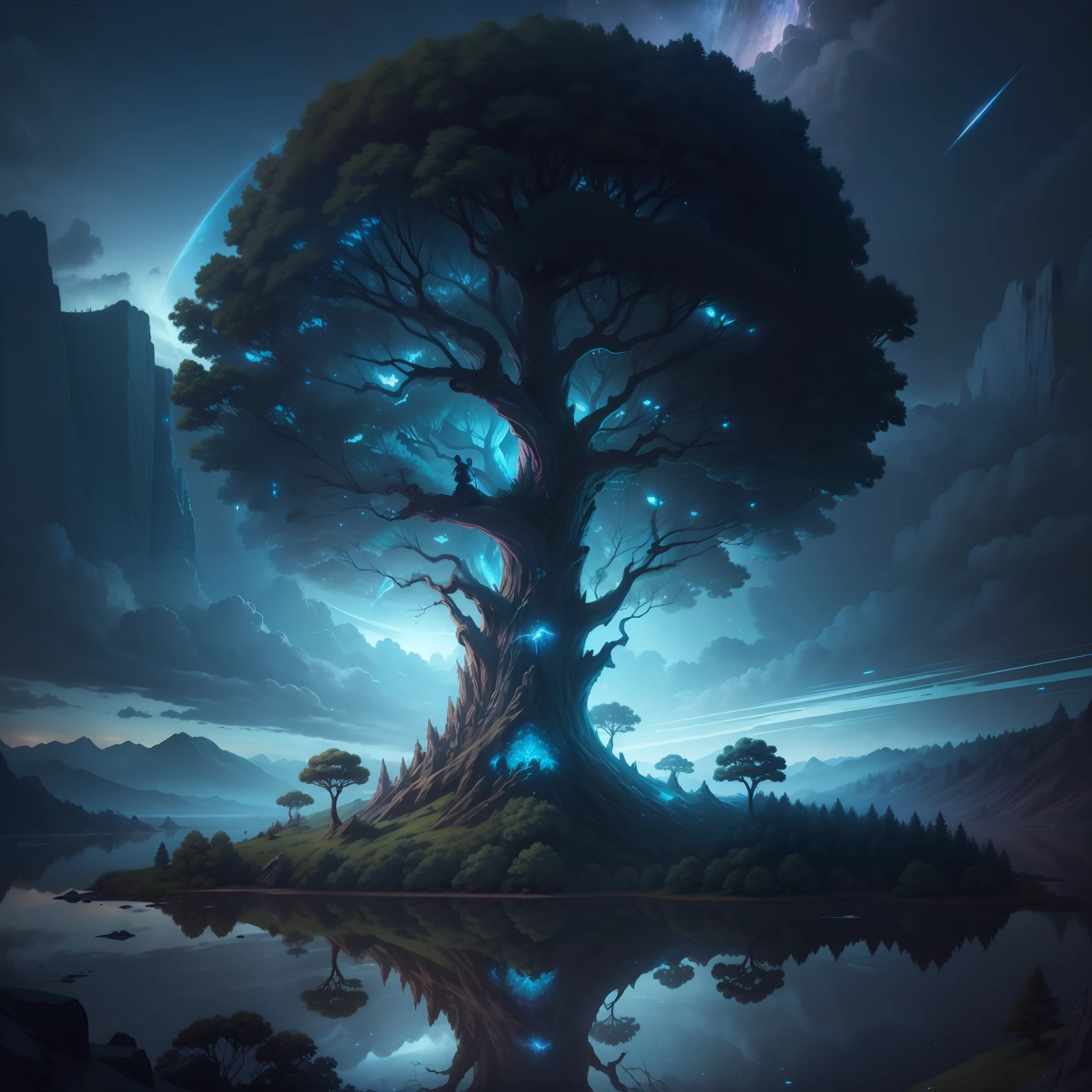 Illustration of a hyperrealistic , otherworldly, ultrasky scene featuring a giant crystal tree full body,very detailed and magical lighting, intricate forest details, vegetation and river around, solarpunk ,landscape, giant tree, beatifull leafy with beautiful lighting and realistic proportions, as if it were a cinematic background, 8k, highest quality, masterpiece, clouds and stars in the sky.