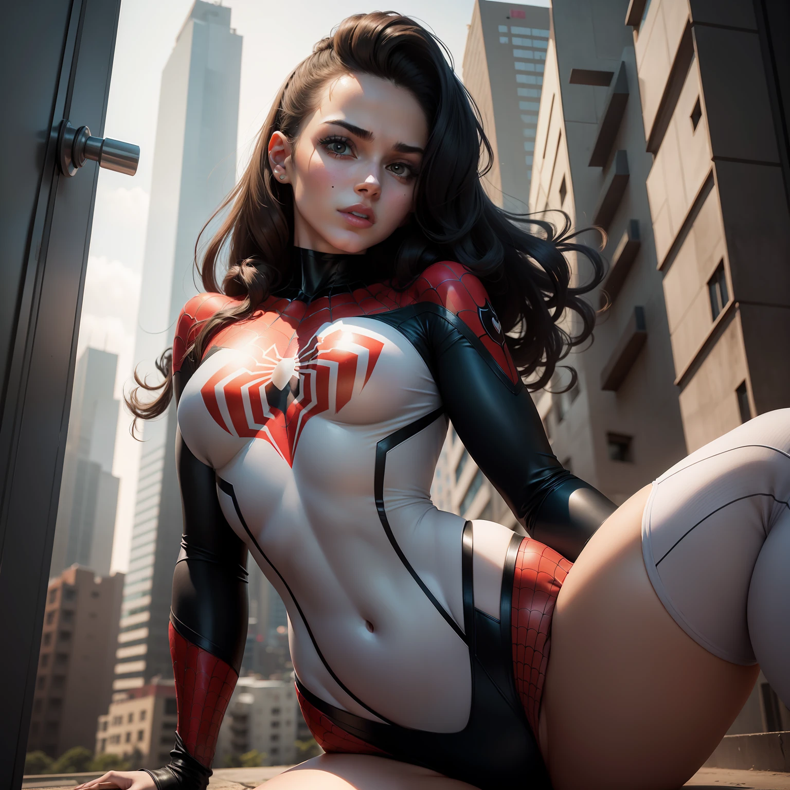 4k, realista, charismatic, muito detalhe, There's a girl at the top of town, ,mostrando a barriga,vestindo o figurino do homem-aranha, She's a Spider-Man, white superhero theme, cabelo longo branco, 25 anos, corpo inteiro,mostrando um belo rosto,olhar sensual