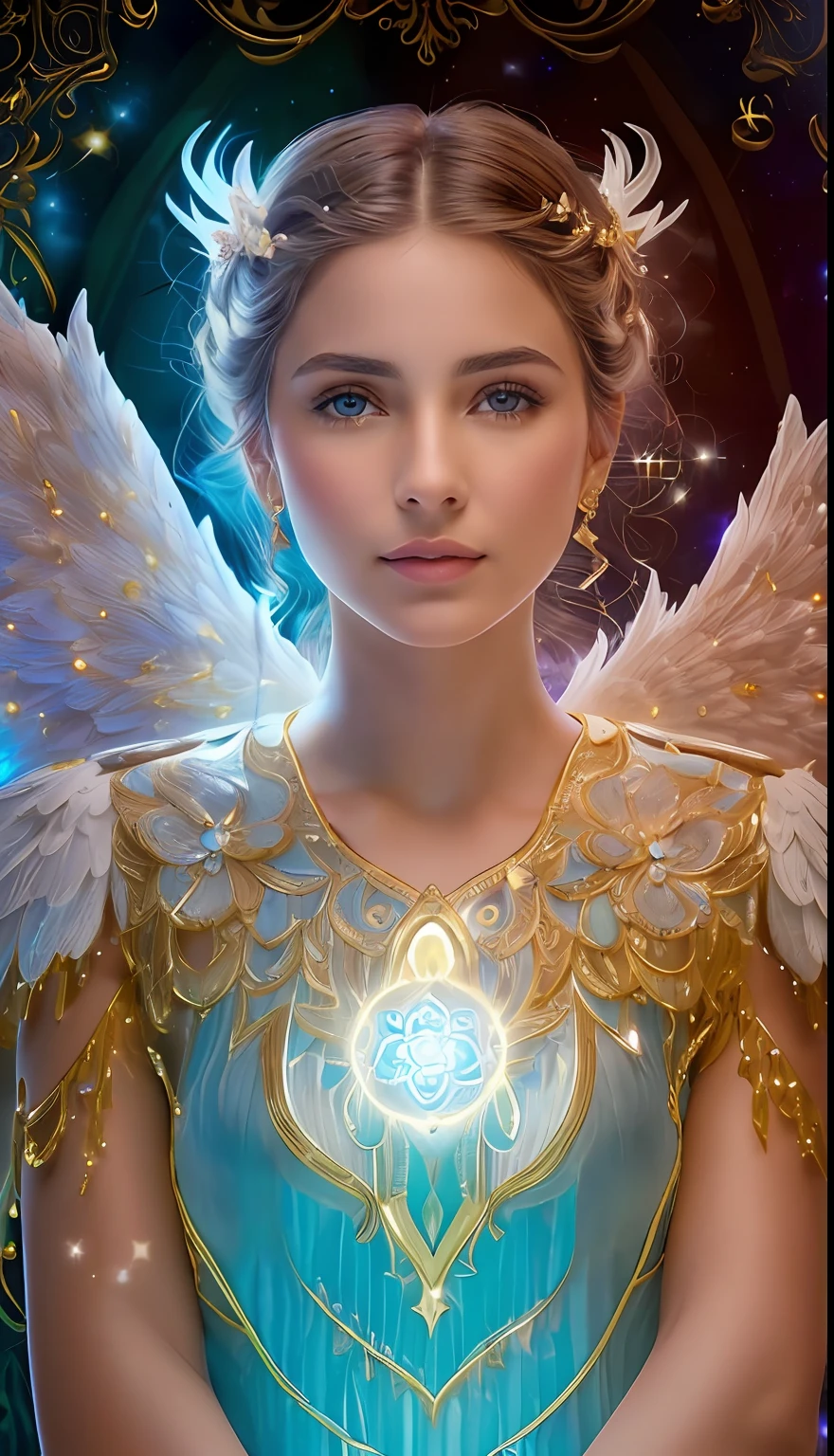 ((ANGEL GUARDIAN))).  Obra maestra, (La mejor calidad: 1.2), (super fine: 1.2), illustration, (extremadamente delicado y hermoso: 1.2), movie angle, flotante, (Hermoso ojo de detalle: 1.1), (detalle luz: 1.1), Movie Lights, Cielo delicado, ojos azules, (Cola de caballo alta: 1.1), capa, ojuelos, (luna: 1. 2), (Luz de la luna: 1.1), cielo estrellado, (light particles: 1.1) dibujo, flor. (Obra maestra), (La mejor calidad), (fotorrealista:1.3), 8k, Textura detallada de la piel, Textura detallada de la tela, Hermosa cara detallada, Detalles intrincados, Ultra detallado (cuerpo de cuerpo entero:1.2)