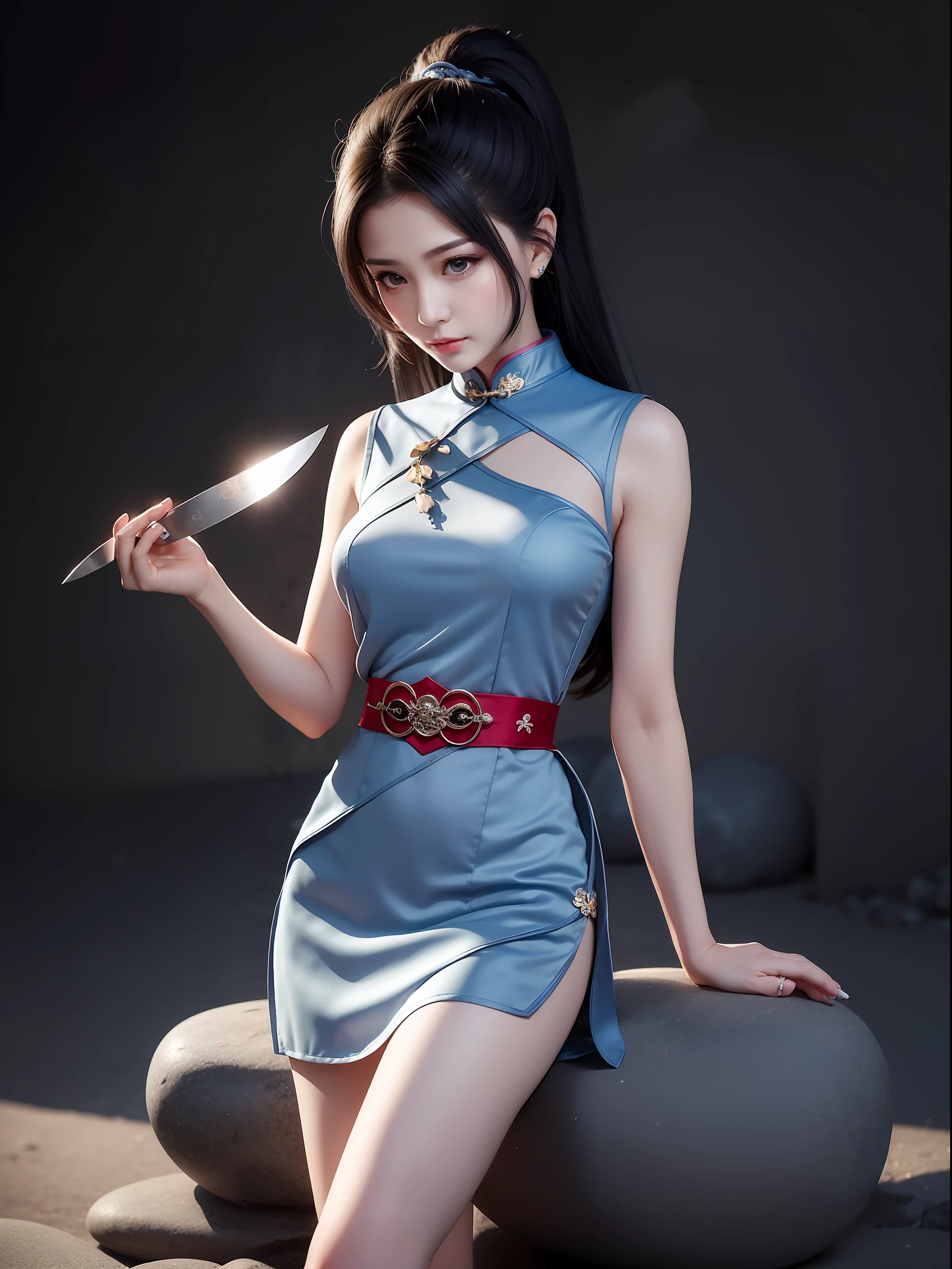 1Blittle girl,Long dark gray hair that reaches the waist,Sad face details,Gray-blue cheongsam,Long legs,skin is delicate,softlighting,Hold a knife in the neck,Explosive effect,Sit on a stone platform