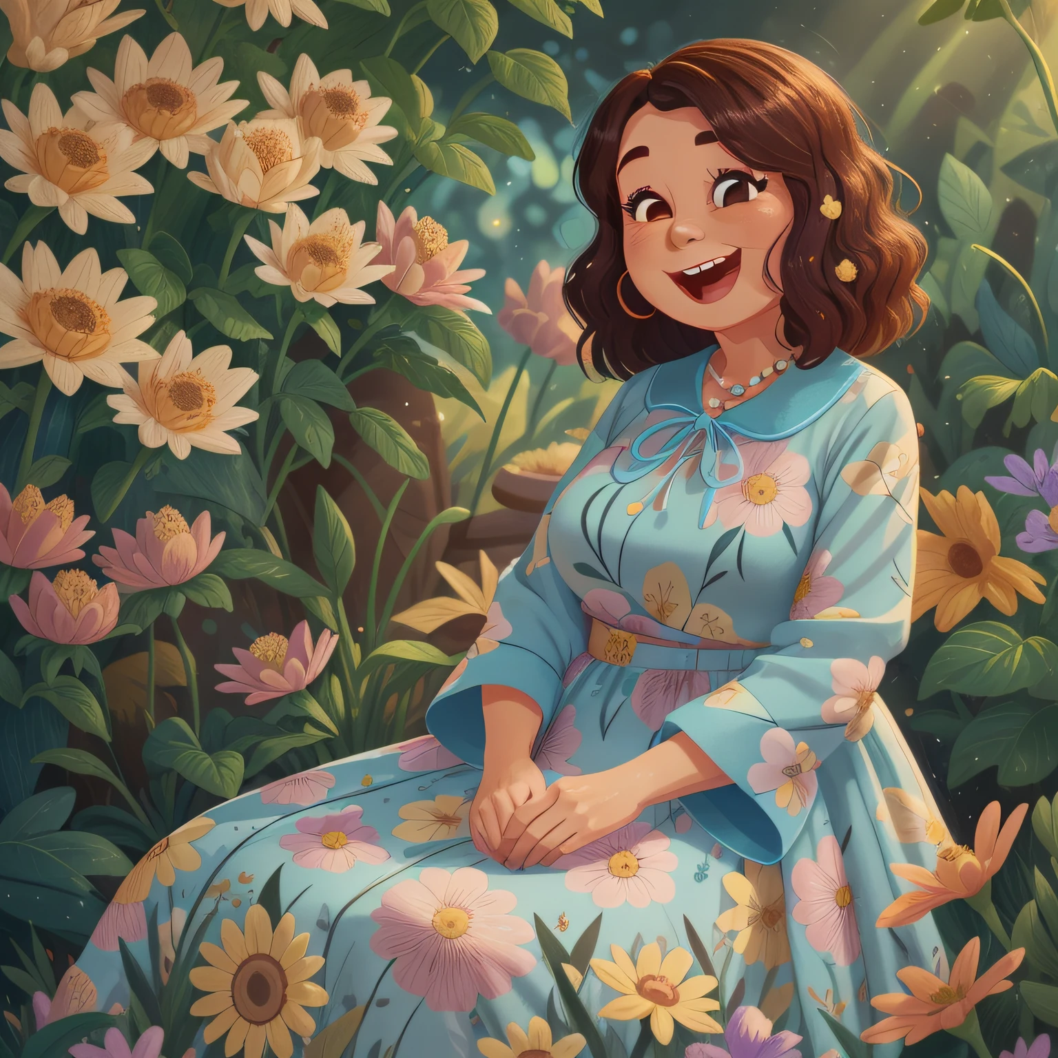 Happy 60-year-old grandmother with flowery dress, disney pixar, 8k, uhd, fundo desficado