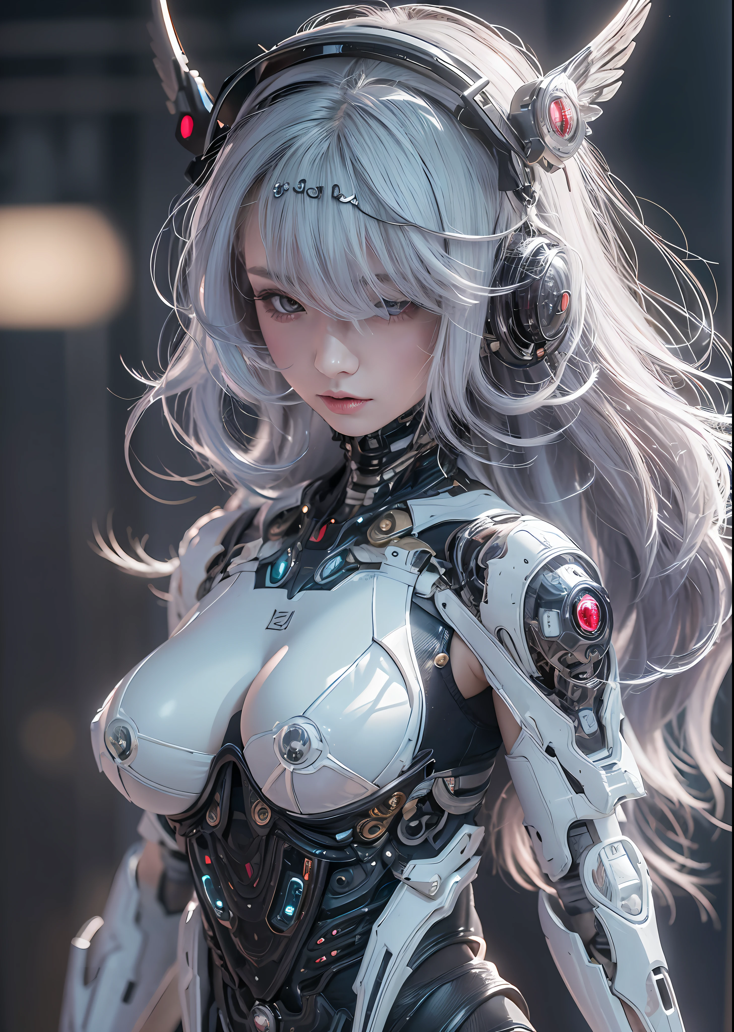 top-quality、masterpiece、超A high resolution、(Photorealsitic:1.4)、Raw photo、Battle Cyborg Angel、large wings made of metal、White porcelain body、Acrylic Clear Cover、white hair、glowy skin、1 Cyborg Girl、((super realistic details))、portlate、globalillumination、Shadow、octan render、8K、ultrasharp、character edge light,Colossal tits、Raw skin is exposed in cleavage、Details of complex ornaments、Gothloli details、Hydraulic cylinder、Small LED lamp、highly intricate detail、Realistic light、a purple eye、radiant eyes、Facing the camera、neon details、cowboy shot、Futuristic headgear、About Cyberpunk、、
