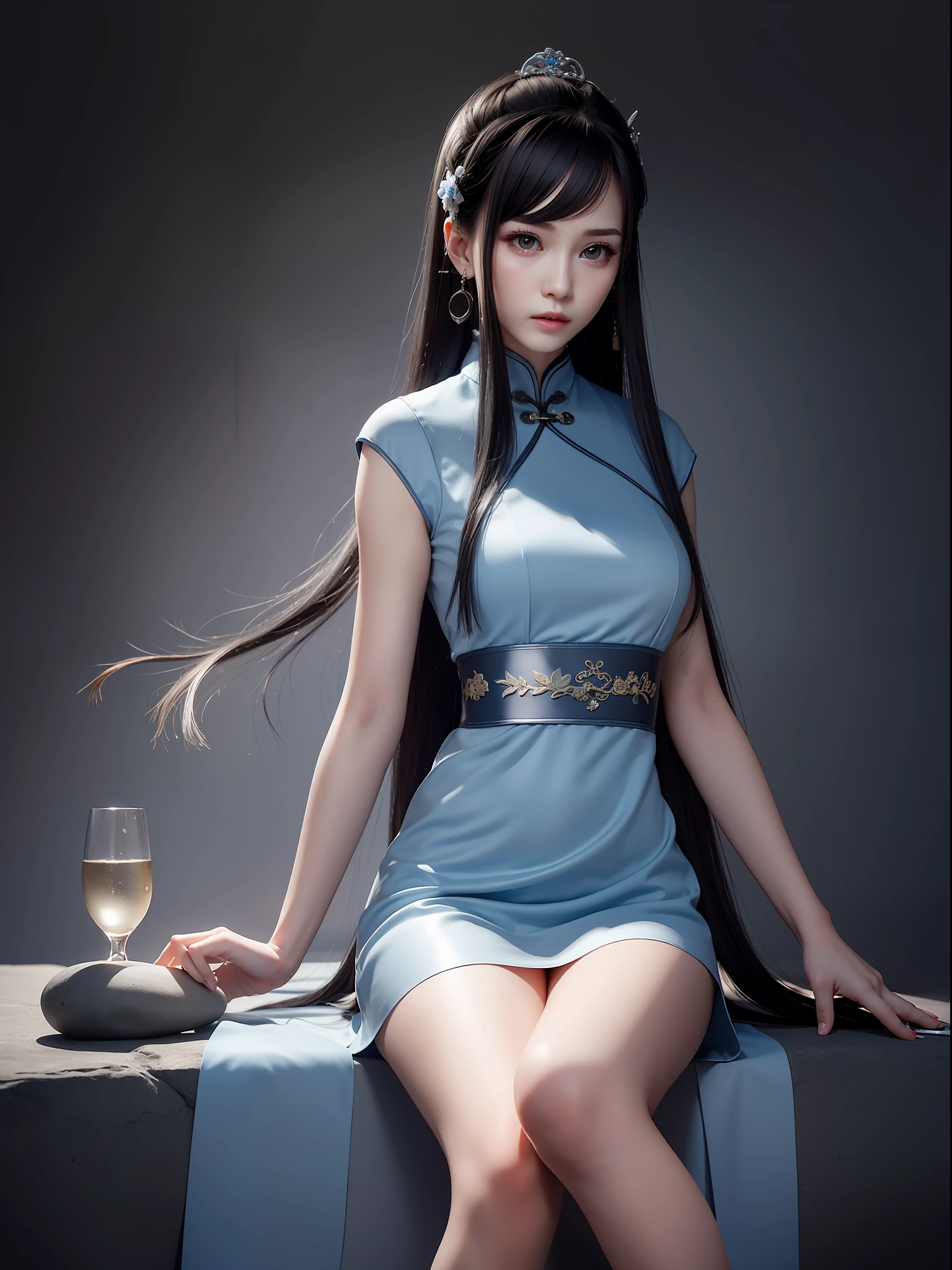 1Blittle girl,Long dark gray hair that reaches the waist,Sad face details,Gray-blue cheongsam,Long legs,skin is delicate,softlighting,Hold a knife in the neck,Explosive effect,Sit on a stone platform