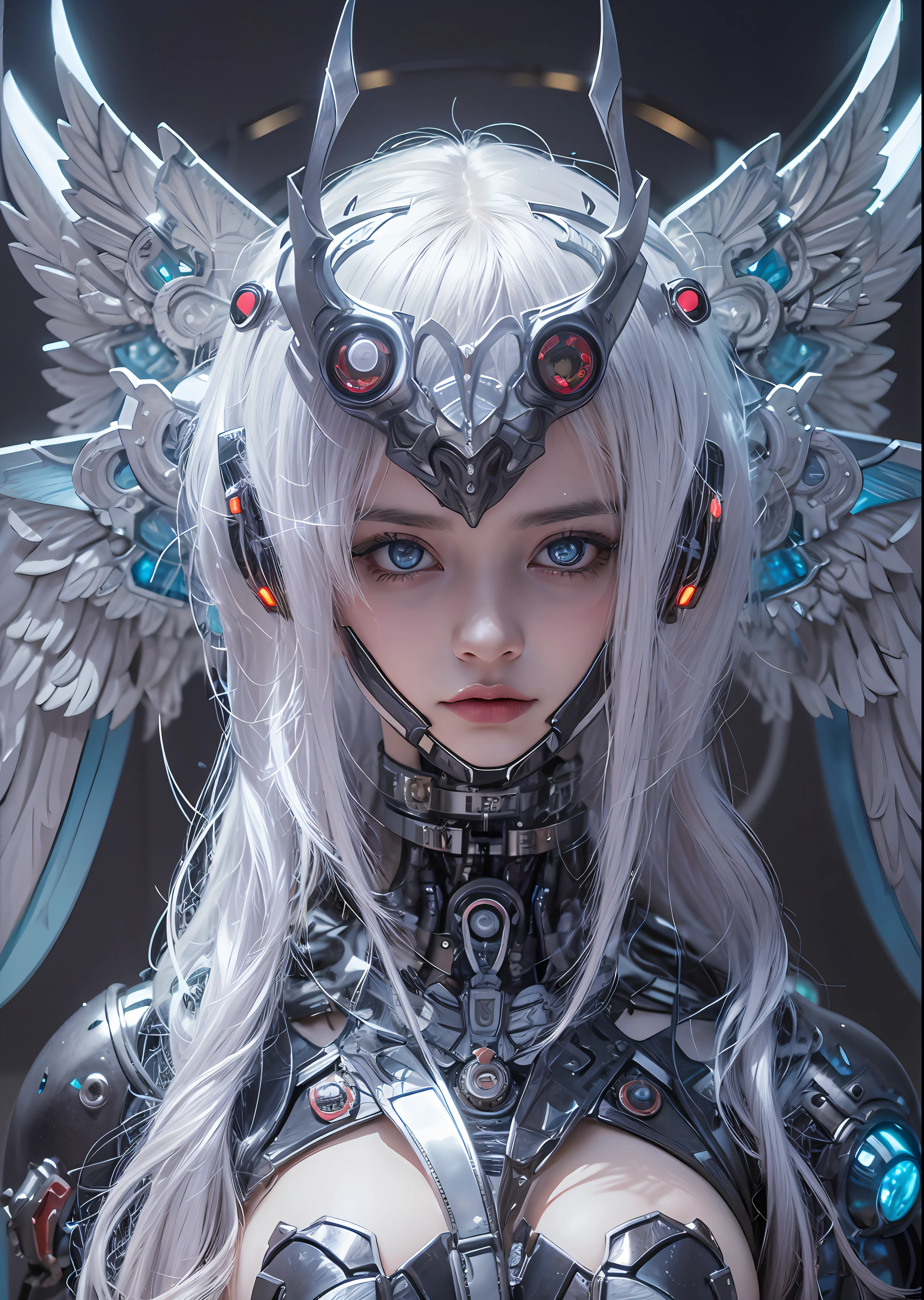 top-quality、masterpiece、超A high resolution、(Photorealsitic:1.4)、Raw photo、Battle Cyborg Angel、large wings made of metal、White porcelain body、Acrylic Clear Cover、white hair、glowy skin、1 Cyborg Girl、((super realistic details))、portlate、globalillumination、Shadow、octan render、8K、ultrasharp、character edge light,Colossal tits、Raw skin is exposed in cleavage、Details of complex ornaments、Gothloli details、Hydraulic cylinder、Small LED lamp、highly intricate detail、Realistic light、a purple eye、radiant eyes、Facing the camera、neon details、cowboy shot、Futuristic headgear、About Cyberpunk、、