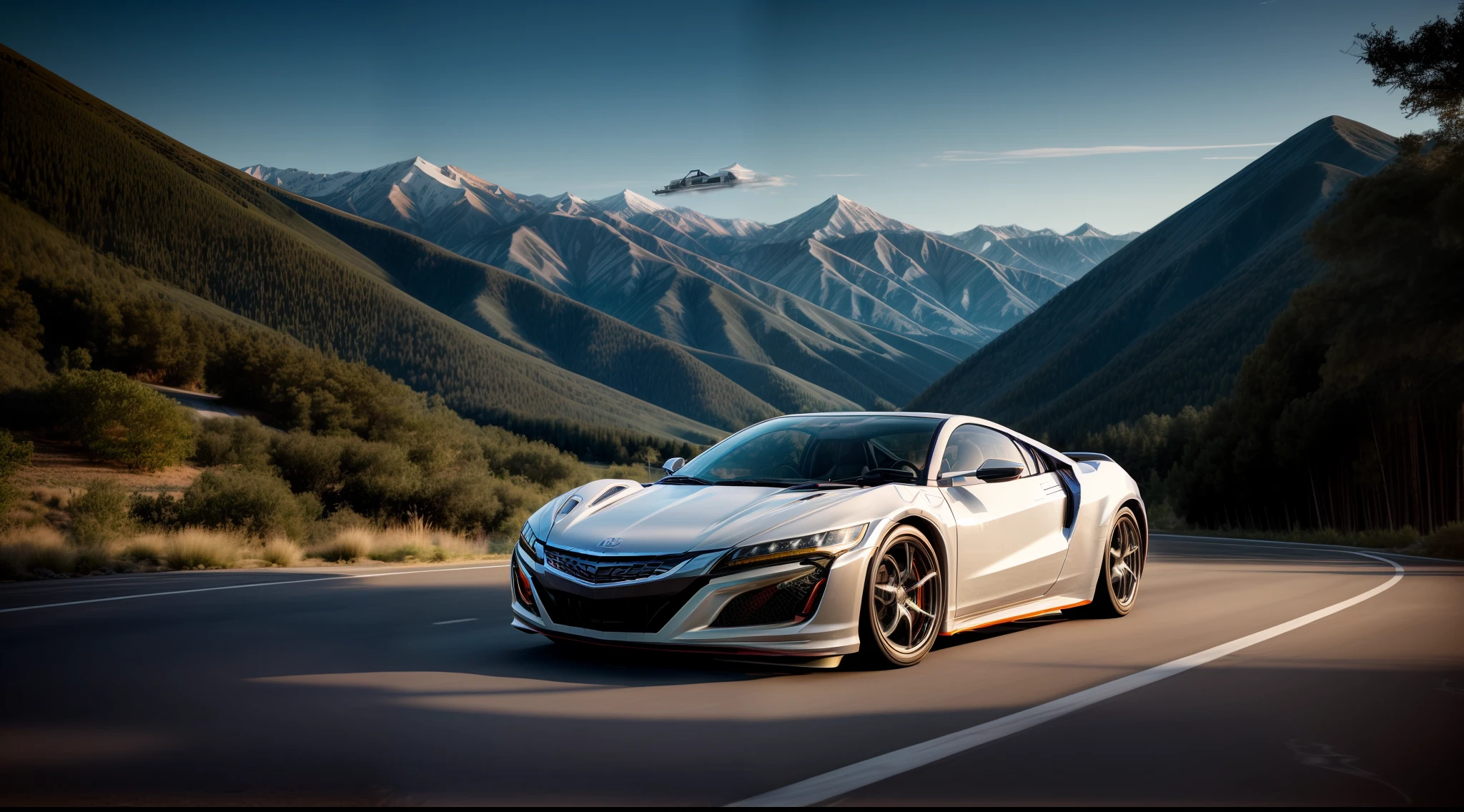 A car photography shoot of an Acura NSX Rally car parked on an angle in the middle of the road, behind the car is a long winding road heading towards mountains in the distance, cinematic light, soft light, backlit, micro-details, photorealism, photorealistic