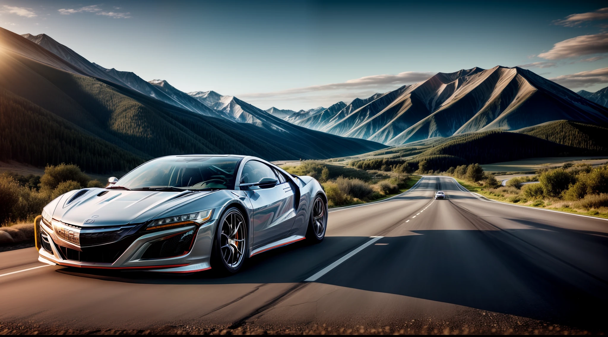 A car photography shoot of an Acura NSX Rally car parked on an angle in the middle of the road, behind the car is a long winding road heading towards mountains in the distance, cinematic light, soft light, backlit, micro-details, photorealism, photorealistic