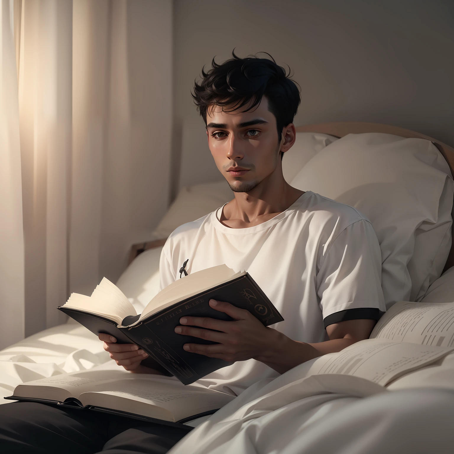 ultra realistic image of a 25 year old man, short black hair, dressed in a plain white blouse and plain black shorts, sitting up in bed, holding a bible closed, looking at the bible.