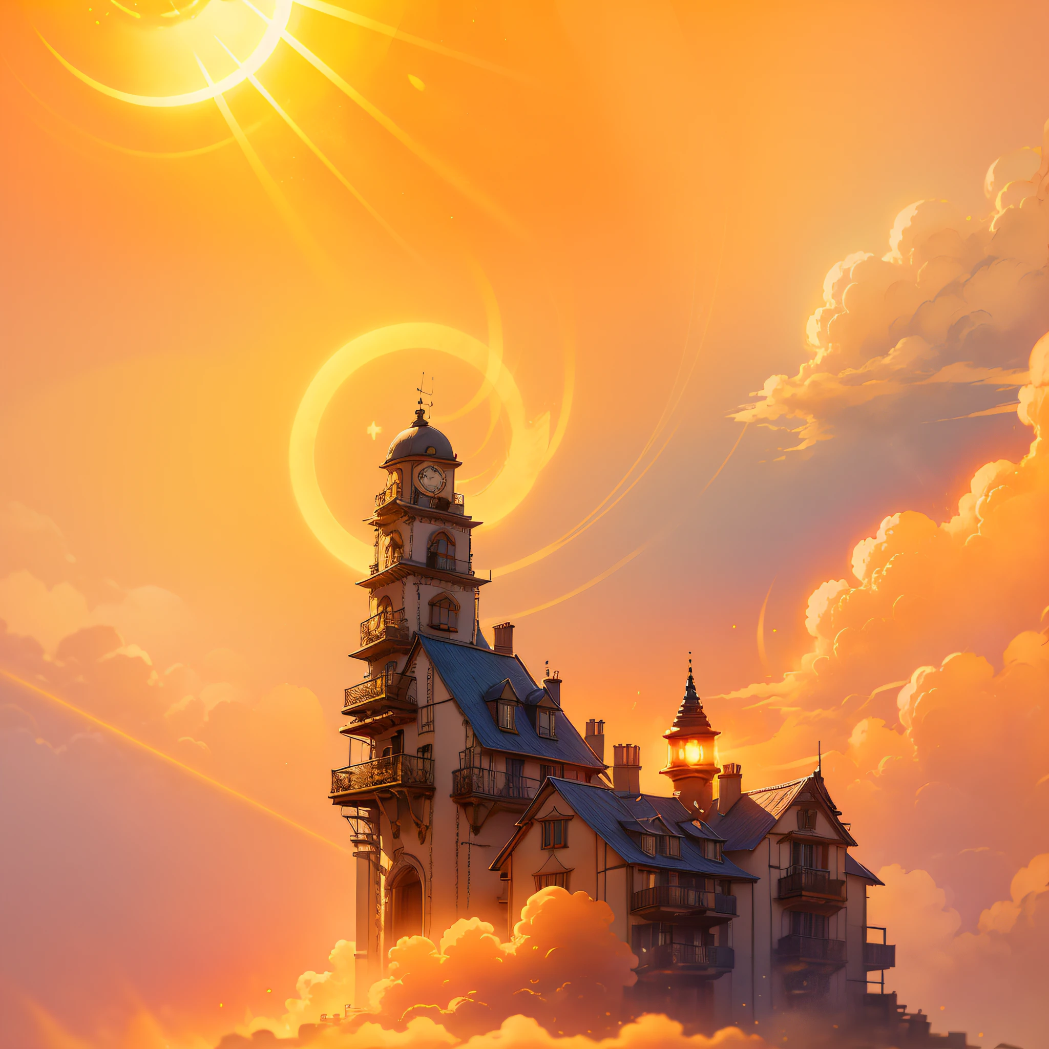 uma Casa de 2 andares com um letreiro na frente, A city with tall buildings behind it, with a child in front, estilo steampunk, Bright look with orange sky with a shy sun on the right.