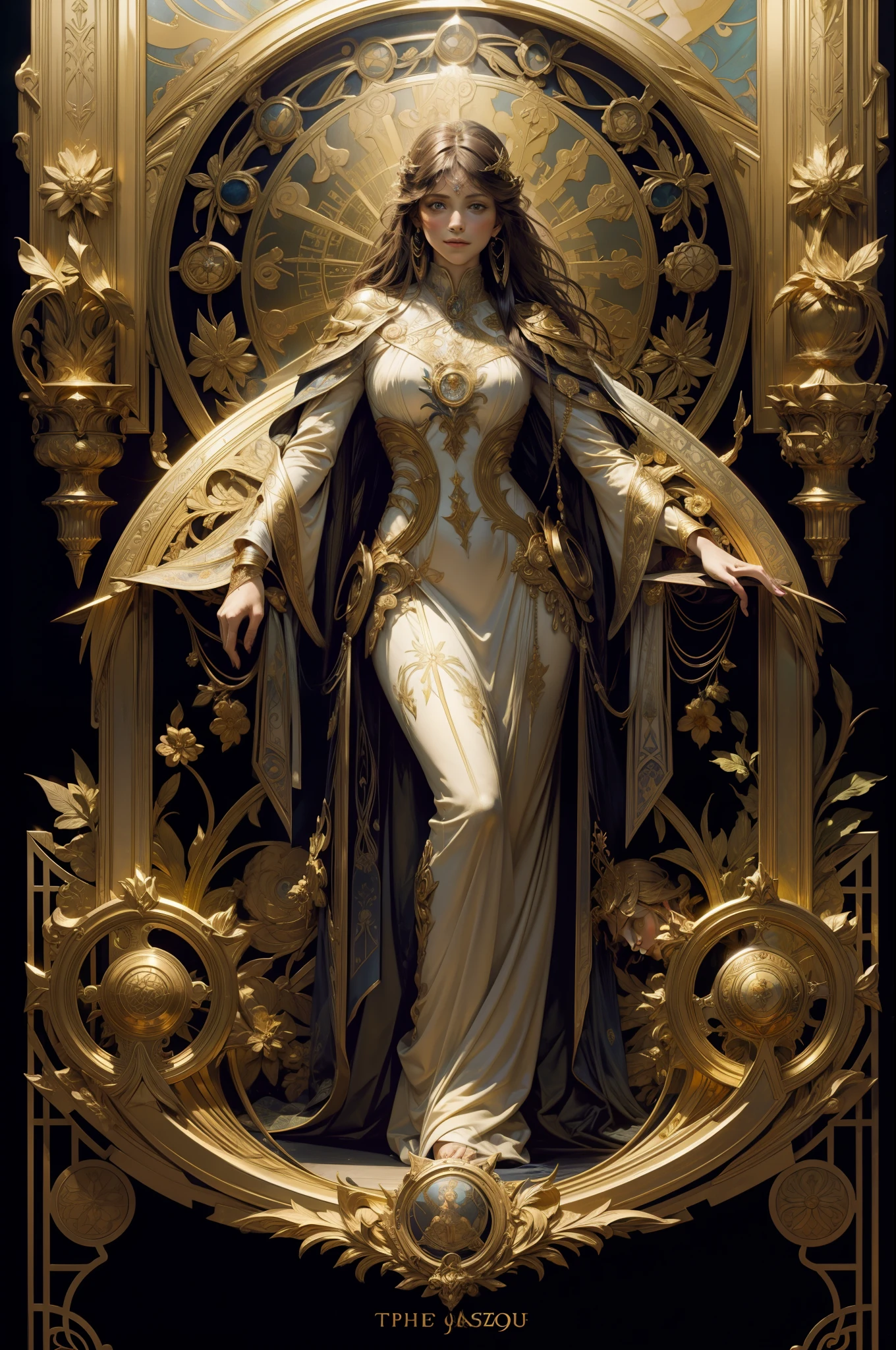 tarot card layout，Best quality, Masterpiece, (Realistic:0.6), Realistic lighting,Flower frame， Decorative panels， abstract artistic， Alphonse Mucha （tmasterpiece， best qualtiy， A high resolution： 1.4）， A detailed， Complicated details， 4K，Wheel of Fortune，golden colored，Solid
