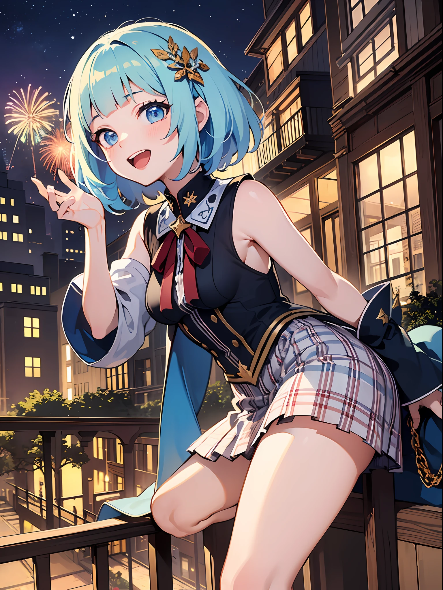(masterpiece:1.3), (best quality:1.3), high resolution,
overlook view, couboy shot,
leaning forward, body facing forward,
(one cute girl:1.3), solo,
white skin, small Breast, eight-headed person,
light blue hair, (bobbed hair:1.2), (short hair:1.1), (blunt bangs:1.2), beautiful hair, blue eyes, beautiful detailed eyes,
blush, open mouth, cheerful smile,
short dress, blue check skirt,
outdoors, (night:1.2), Fireworks in the night view, medieval western town,
shadowlighting,