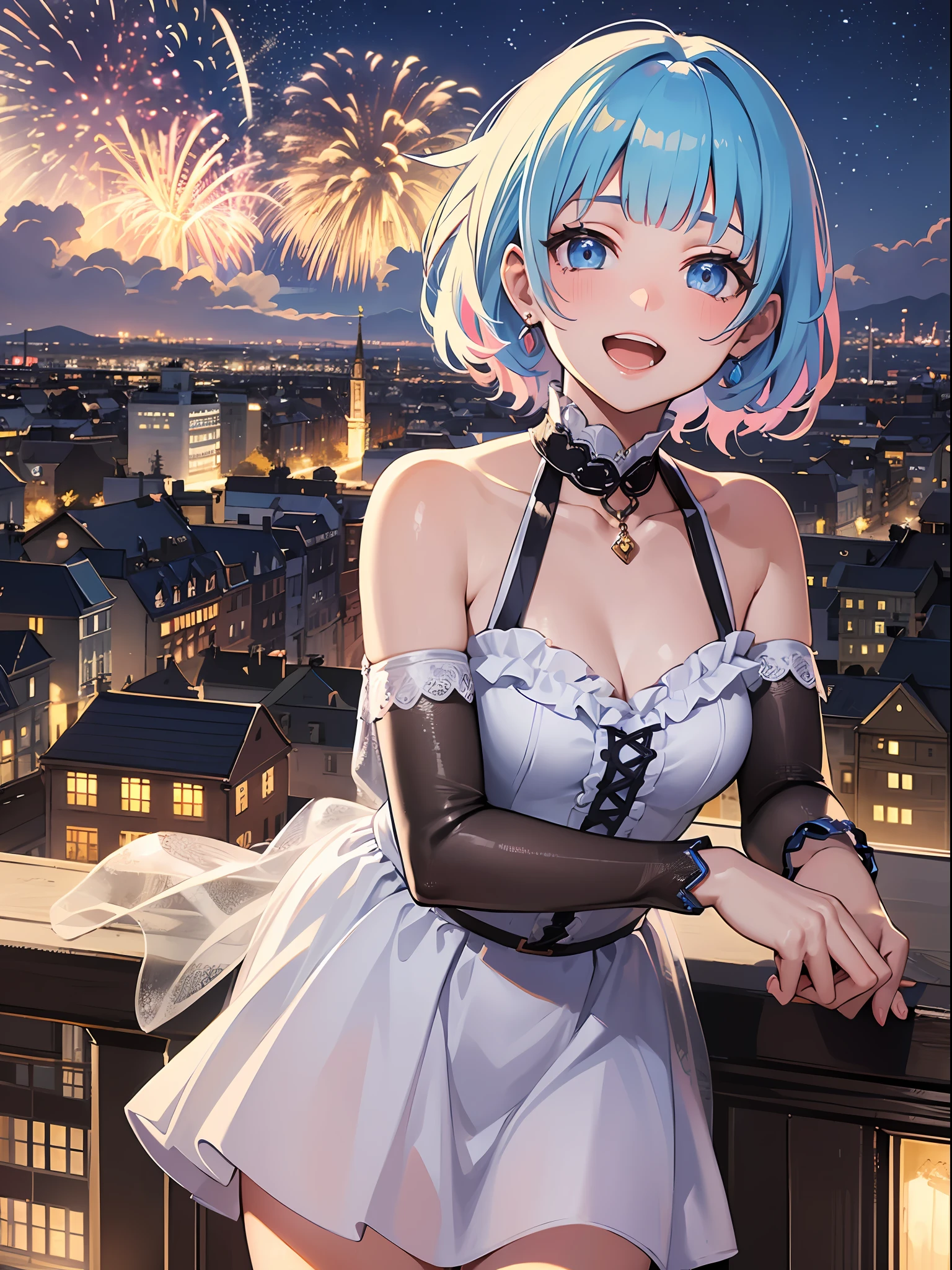 (masterpiece:1.3), (best quality:1.3), high resolution,
overlook view, couboy shot,
leaning forward, body facing forward,
(one cute girl:1.3), solo,
white skin, small Breast, eight-headed person,
light blue hair, (bobbed hair:1.2), (short hair:1.1), (blunt bangs:1.2), beautiful hair, blue eyes, beautiful detailed eyes,
blush, open mouth, cheerful smile,
short dress, blue check skirt,
outdoors, (night:1.2), Fireworks in the night view, medieval western town,
shadowlighting,