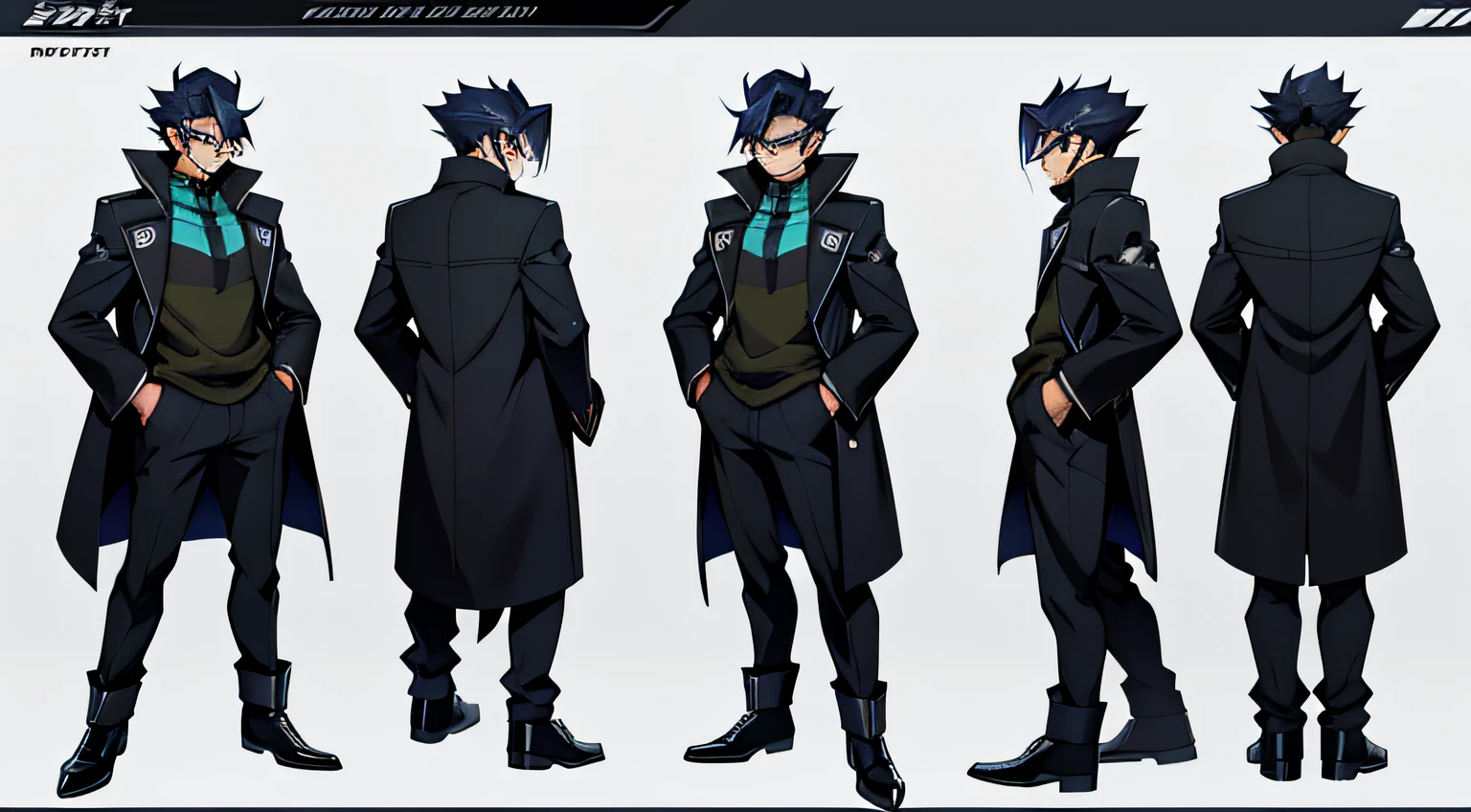 male Yu-Gi-Oh character, secret agent, black glasses, short black hair, blue hair stripes, agent outfit, black and dark blue, Yu-Gi-Oh style, character reference sheet