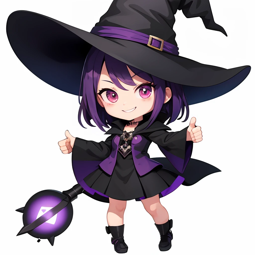 witch, solo, (twitch emote:1), chibi, purple hair , red eyes, thumbs up, smiling, cartoon, white background, sticker, thick black outlines,