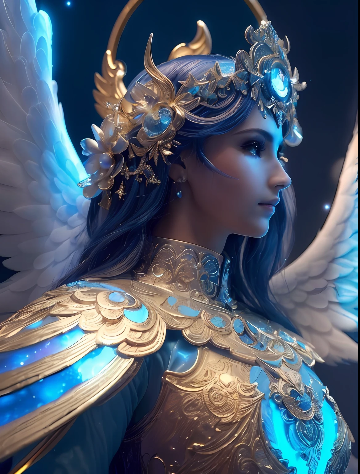 (((santo angel guardian))) Obra maestra, (La mejor calidad: 1.2), (super fine: 1.2), illustration, (extremadamente delicado y hermoso: 1.2), movie angle, flotante, (Hermoso ojo de detalle: 1.1), (detalle luz: 1.1), Movie Lights, Cielo delicado, ojos azules, (Cola de caballo alta: 1.1), capa, ojuelos, (luna: 1. 2), (Luz de la luna: 1.1), cielo estrellado, (light particles: 1.1) dibujo, flor. (Obra maestra), (La mejor calidad), (fotorrealista:1.3), 8k, Textura detallada de la piel, Textura detallada de la tela, Hermosa cara detallada, Detalles intrincados, Ultra detallado (cuerpo de cuerpo entero:1.2)