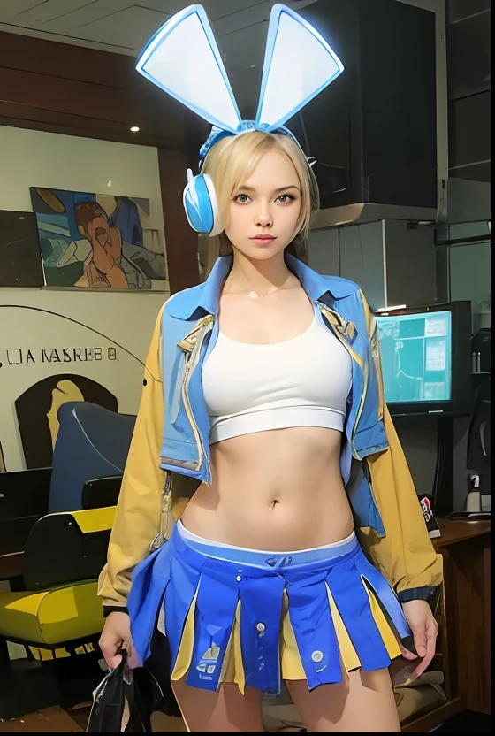 (((masterpiece))), (((best quality))), ((ultra-detailed)), blonde,blue jacket in white tops,navel, sexy