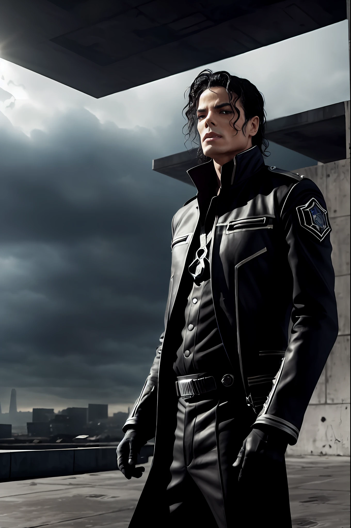 a futuristic and dystopian setting, Michael Jackson stands tall, reminiscent of his appearance in the 'They Don't Care About Us' music video. His iconic haircut and distinct skin color are instantly recognizable. The environment surrounding him is desolate, with crumbling buildings that bear the scars of a forgotten era. The sky above is dark and ominous, reflecting the bleakness of the world. Tension hangs in the air, as if rebellion is brewing just beneath the surface. The image is rendered with meticulous attention to detail, capturing every nuance of Jackson's expression and attire. Studio lighting is employed to create dramatic shadows and highlights, emphasizing the contours of his face and the texture of his clothing. The final image exudes a powerful sense of defiance and resilience, encapsulating the spirit of an artist who fought against injustice and sought to inspire change.