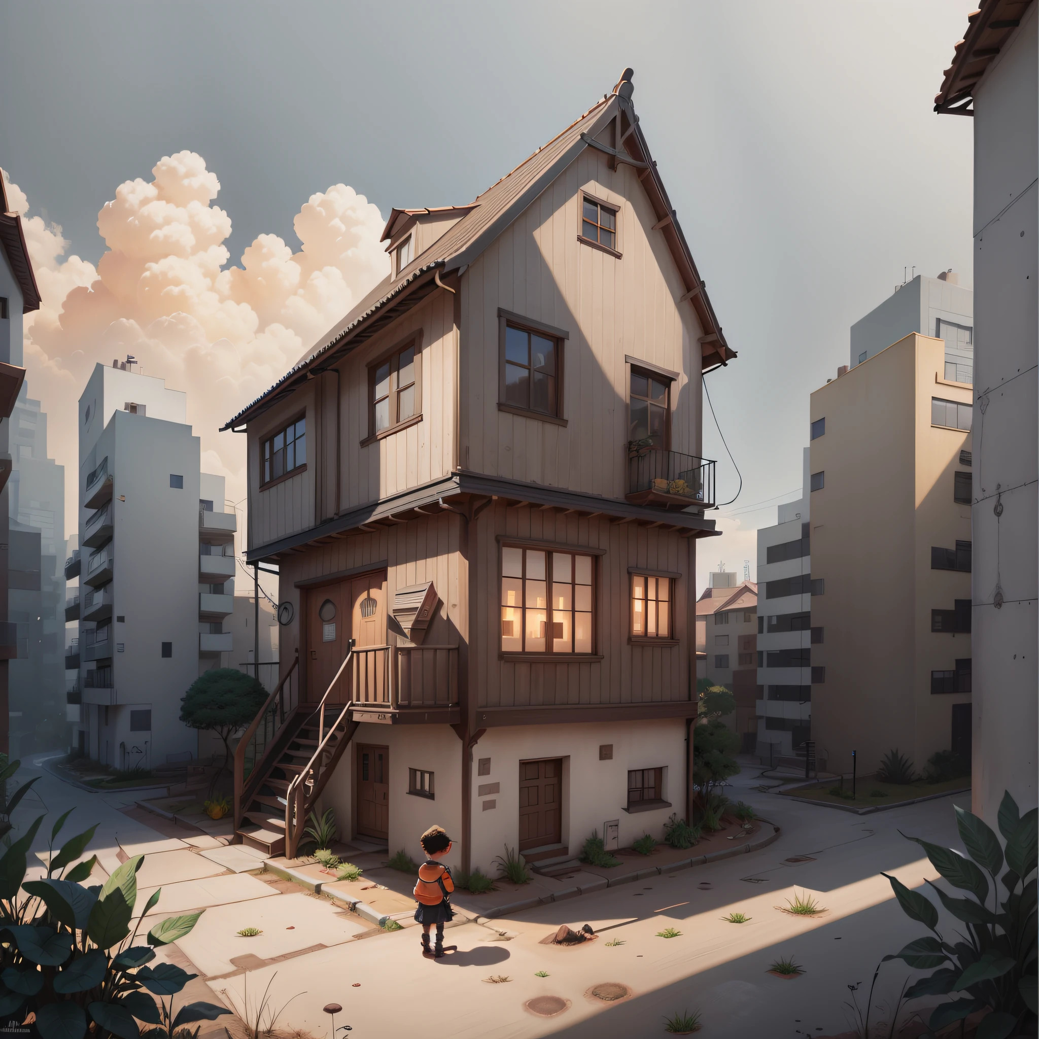 uma Casa de 2 andares com um letreiro na frente, A city with tall buildings behind it, with a child in front, estilo steampunk, Bright look with orange sky with a shy sun on the right.