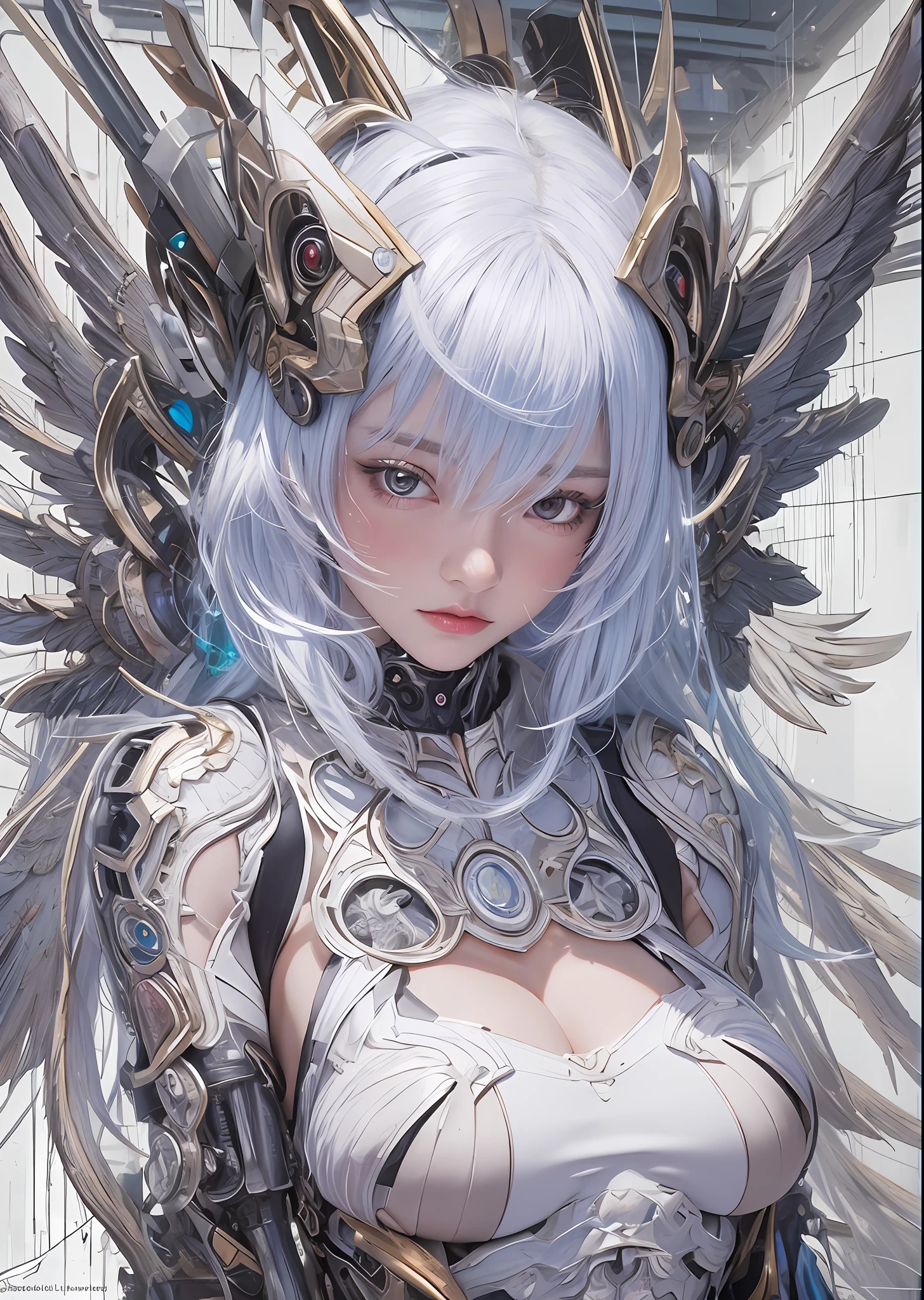 top-quality、masterpiece、超A high resolution、(Photorealsitic:1.4)、Raw photo、Battle Cyborg Angel、large wings made of metal、White porcelain body、Acrylic Clear Cover、white hair、glowy skin、1 Cyborg Girl、((super realistic details))、portlate、globalillumination、Shadow、octan render、8K、ultrasharp、character edge light,Colossal tits、Raw skin is exposed in cleavage、Details of complex ornaments、Gothloli details、Hydraulic cylinder、Small LED lamp、highly intricate detail、Realistic light、a purple eye、radiant eyes、Facing the camera、neon details、cowboy shot、Futuristic headgear、About Cyberpunk、、