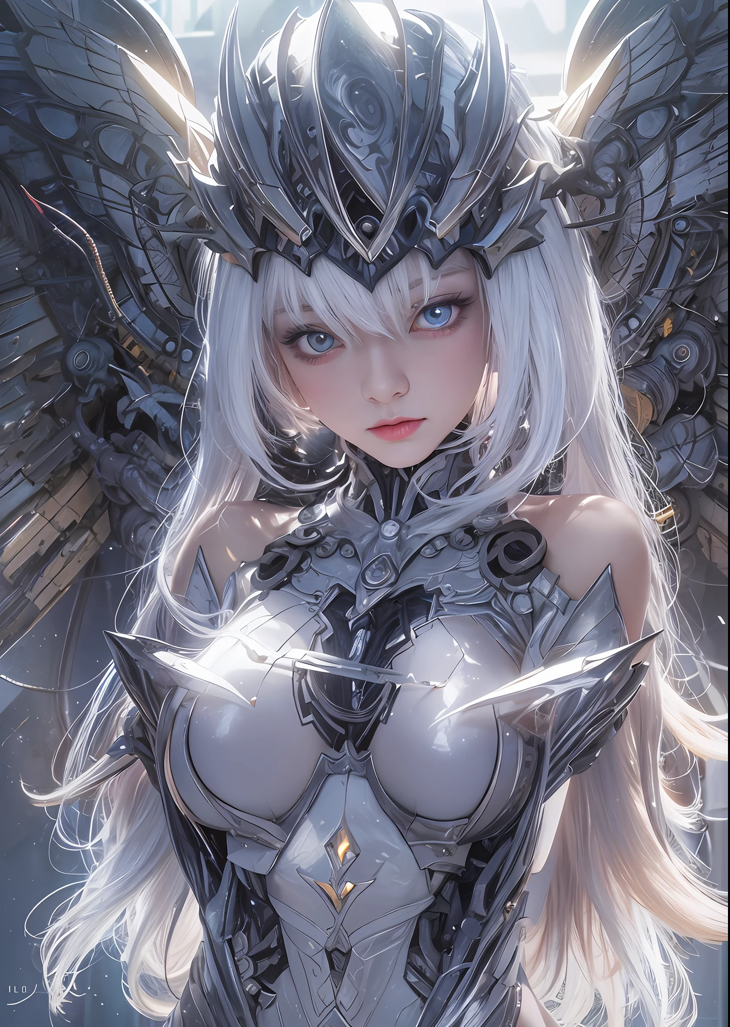 top-quality、masterpiece、超A high resolution、(Photorealsitic:1.4)、Raw photo、Battle Cyborg Angel、large wings made of metal、White porcelain body、Acrylic Clear Cover、white hair、glowy skin、1 Cyborg Girl、((super realistic details))、portlate、globalillumination、Shadow、octan render、8K、ultrasharp、character edge light,Colossal tits、Raw skin is exposed in cleavage、Details of complex ornaments、Gothloli details、Hydraulic cylinder、Small LED lamp、highly intricate detail、Realistic light、a purple eye、radiant eyes、Facing the camera、neon details、cowboy shot、Futuristic headgear、About Cyberpunk、、