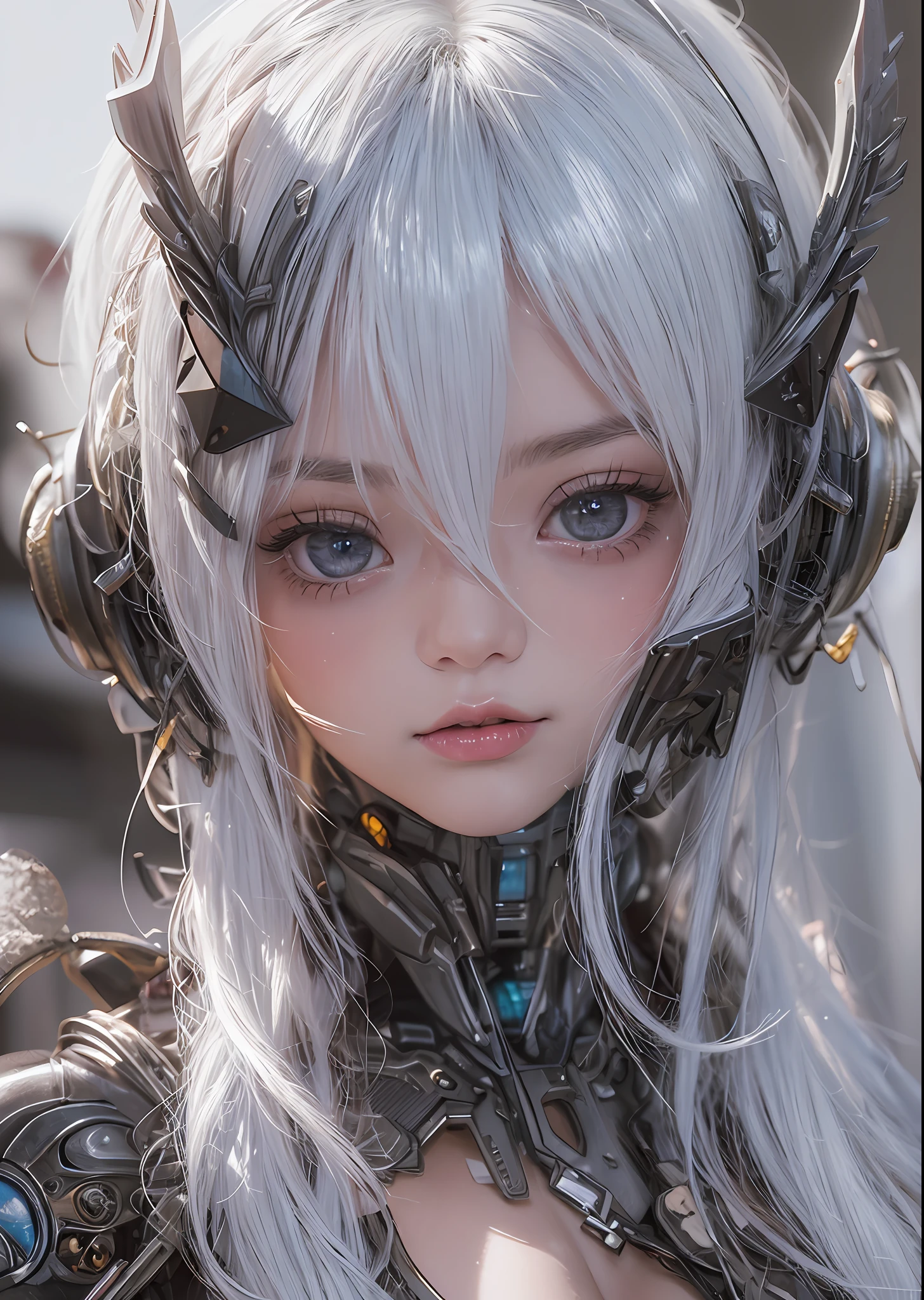 top-quality、masterpiece、超A high resolution、(Photorealsitic:1.4)、Raw photo、Battle Cyborg Angel、large wings made of metal、White porcelain body、Acrylic Clear Cover、white hair、glowy skin、1 Cyborg Girl、((super realistic details))、portlate、globalillumination、Shadow、octan render、8K、ultrasharp、character edge light,Colossal tits、Raw skin is exposed in cleavage、Details of complex ornaments、Gothloli details、Hydraulic cylinder、Small LED lamp、highly intricate detail、Realistic light、a purple eye、radiant eyes、Facing the camera、neon details、cowboy shot、Futuristic headgear、About Cyberpunk、、