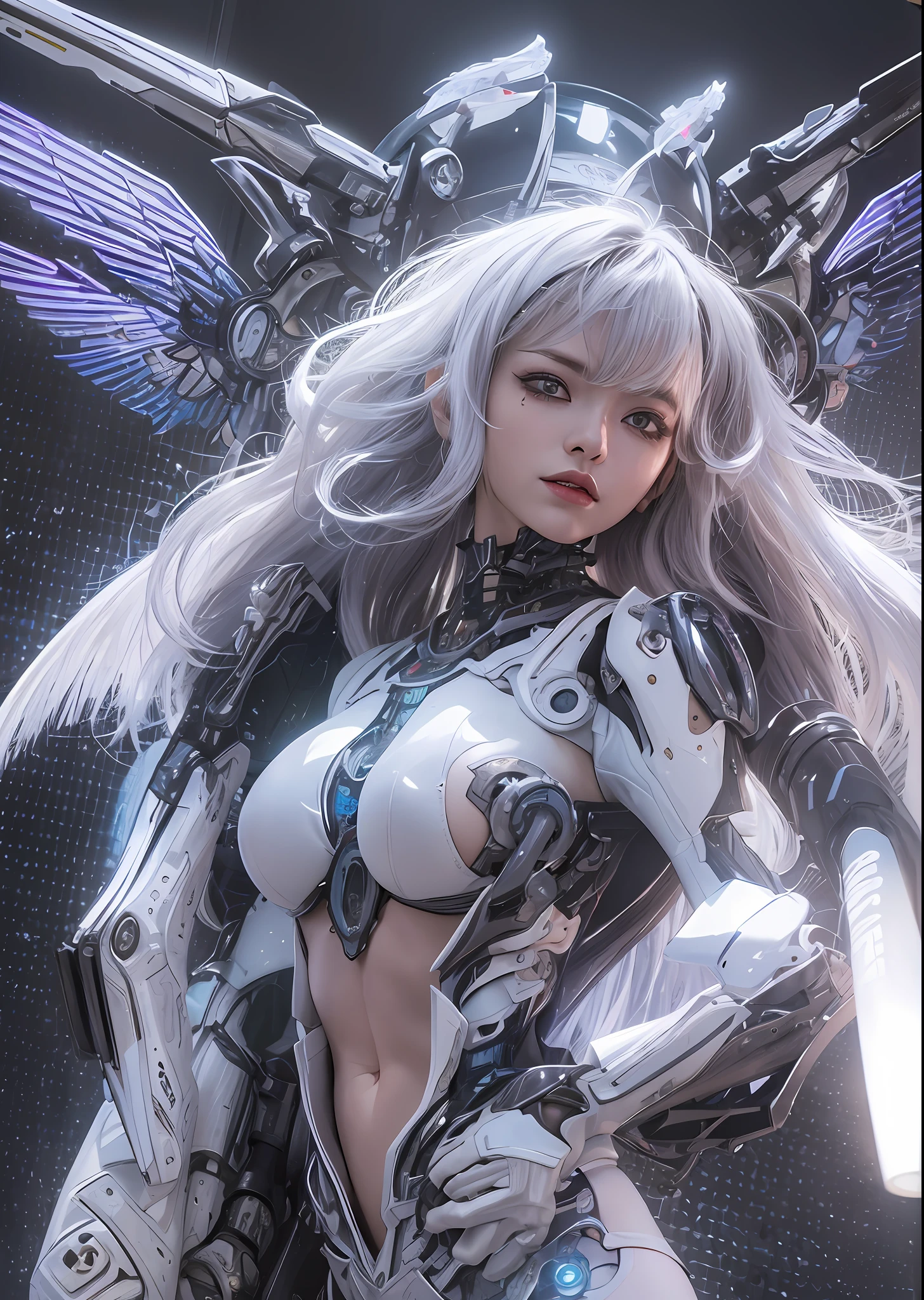 top-quality、masterpiece、超A high resolution、(Photorealsitic:1.4)、Raw photo、Battle Cyborg Angel、large wings made of metal、White porcelain body、Acrylic Clear Cover、white hair、glowy skin、1 Cyborg Girl、((super realistic details))、portlate、globalillumination、Shadow、octan render、8K、ultrasharp、character edge light,Colossal tits、Raw skin is exposed in cleavage、Details of complex ornaments、Gothloli details、Hydraulic cylinder、Small LED lamp、highly intricate detail、Realistic light、a purple eye、radiant eyes、Facing the camera、neon details、cowboy shot、Futuristic headgear、About Cyberpunk、、