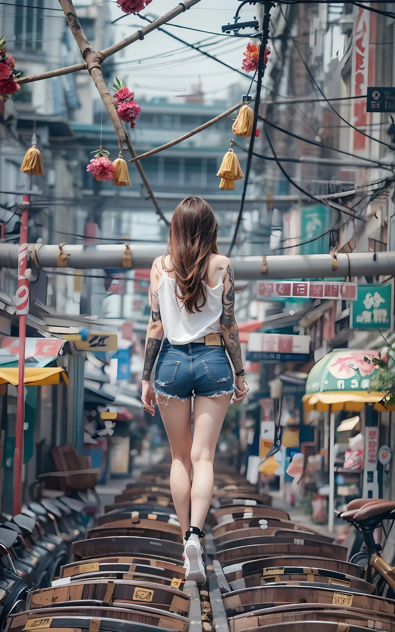 8k, top-quality, hight resolution, realisticlying, realperson, Beautiful woman on her back、sitted、Have all the tattoos on your back、Looking back at a sexy defined body、 Denim shorts