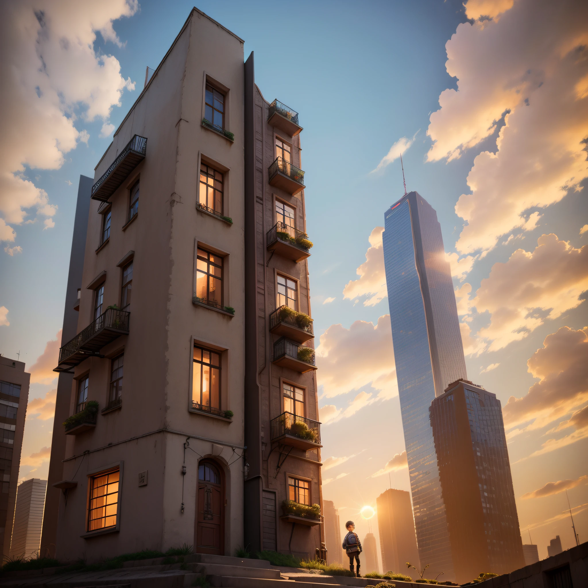 uma Casa de 2 andares com um letreiro na frente, A city with tall buildings behind it, with a child in front, estilo steampunk, Bright look with orange sky with a shy sun on the right.