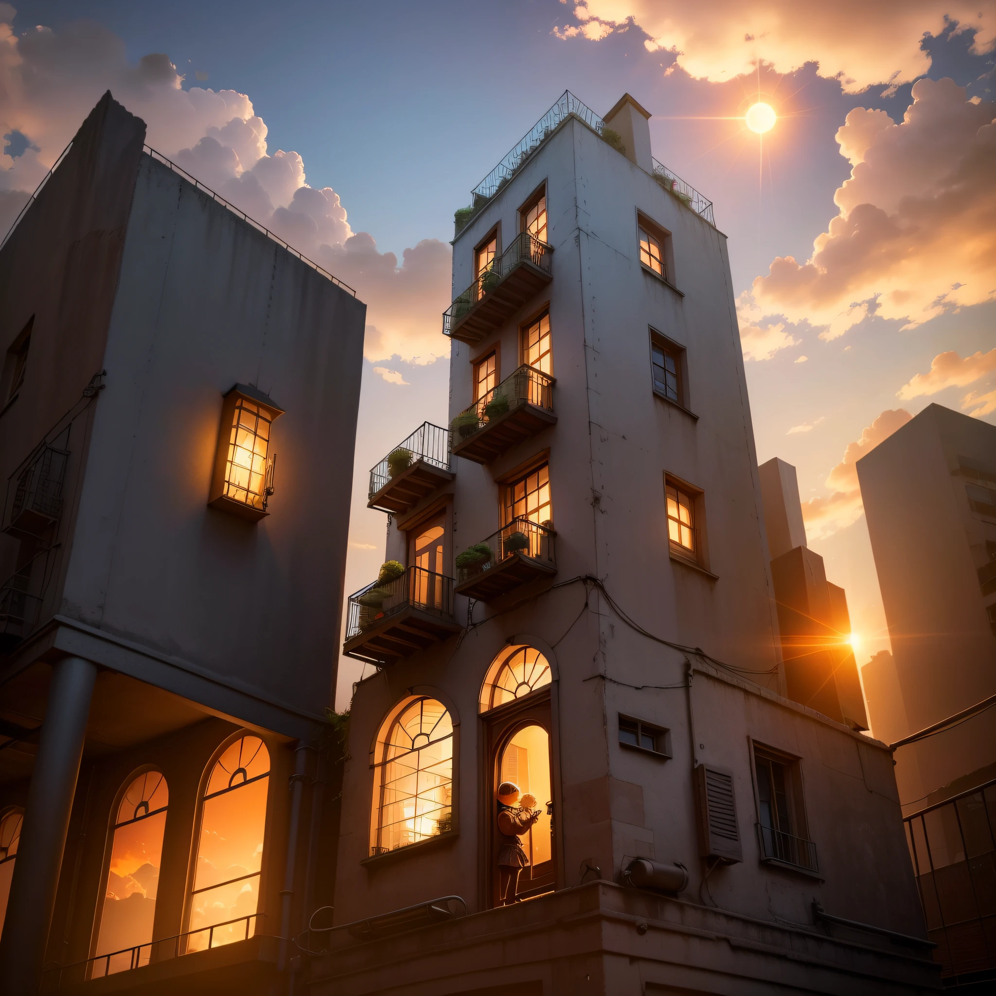 uma Casa de 2 andares com um letreiro na frente, A city with tall buildings behind it, with a child in front, estilo steampunk, Bright look with orange sky with a shy sun on the right.