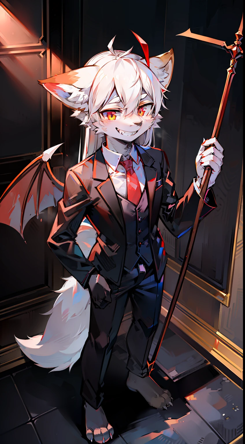 fox ear，fox tails，Devil wings，Holding a scythe in both hands，Located in hell，Heterochromic pupils，long  white hair，full bodyesbian，male，best shadow，Best lighting，tmasterpiece，The body is gray，Height 180，Croaked teeth and smiled，Wearing a black suit，Fox paws