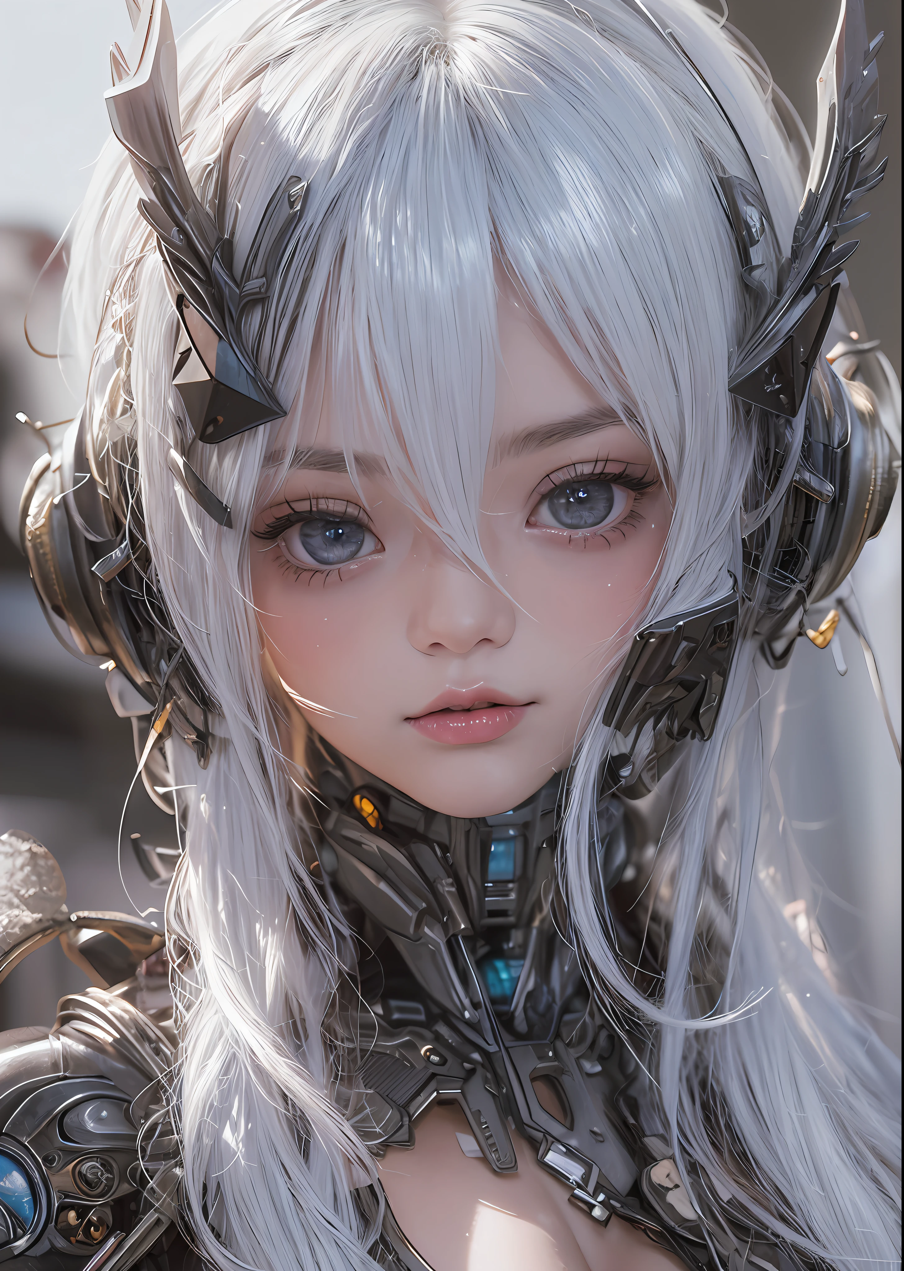 top-quality、masterpiece、超A high resolution、(Photorealsitic:1.4)、Raw photo、Battle Cyborg Angel、large wings made of metal、White porcelain body、Acrylic Clear Cover、white hair、glowy skin、1 Cyborg Girl、((super realistic details))、portlate、globalillumination、Shadow、octan render、8K、ultrasharp、character edge light,Colossal tits、Raw skin is exposed in cleavage、Details of complex ornaments、Gothloli details、Hydraulic cylinder、Small LED lamp、highly intricate detail、Realistic light、a purple eye、radiant eyes、Facing the camera、neon details、cowboy shot、Futuristic headgear、About Cyberpunk、、